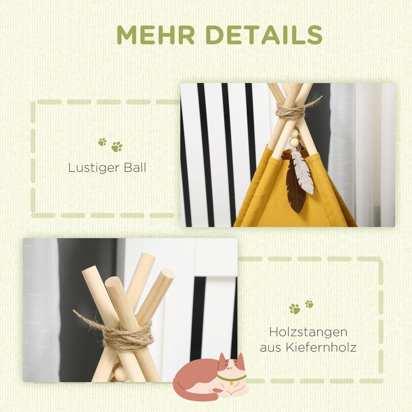 Indoor cat & dog Tipi tent bed, pine, yellow pillow