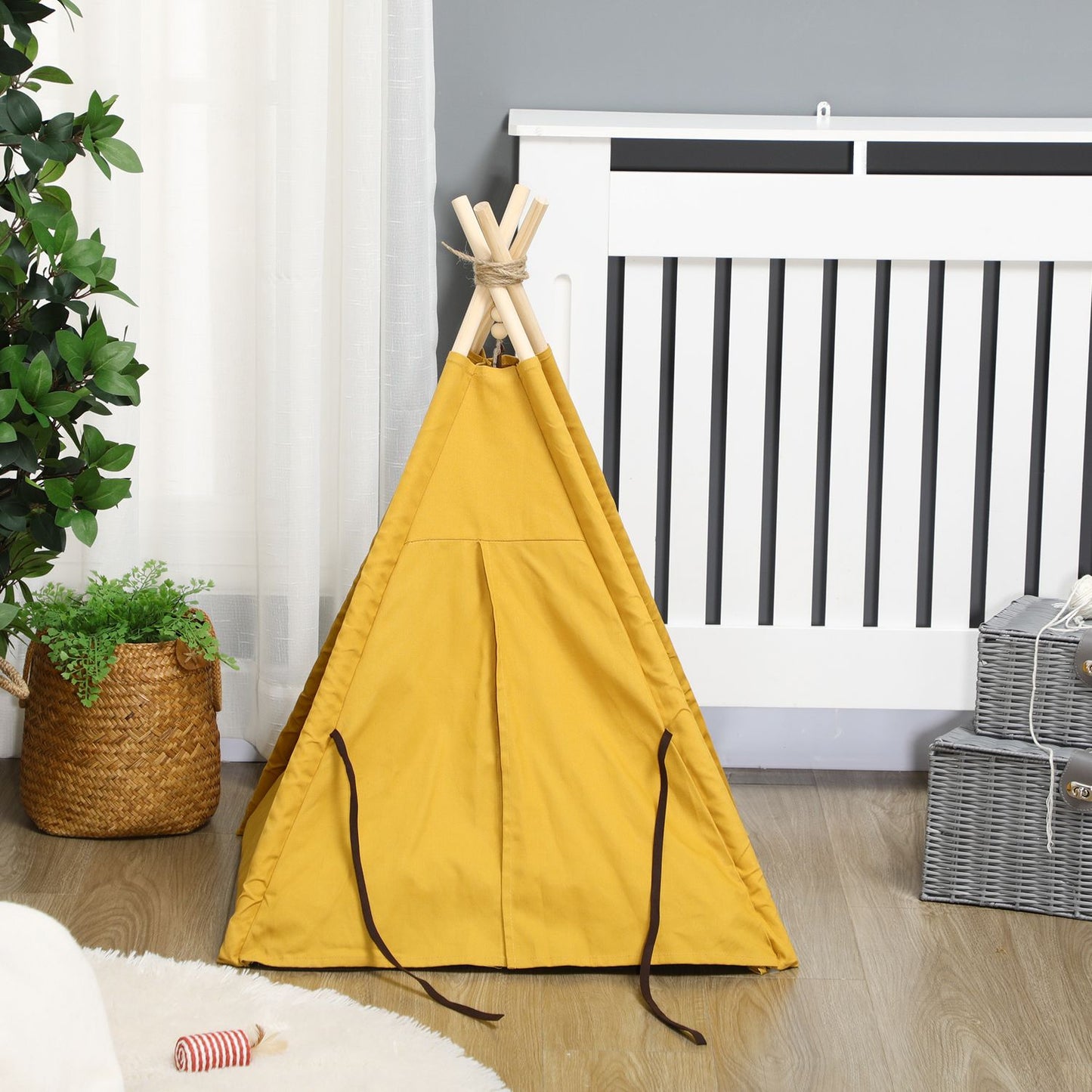 Indoor cat & dog Tipi tent bed, pine, yellow pillow