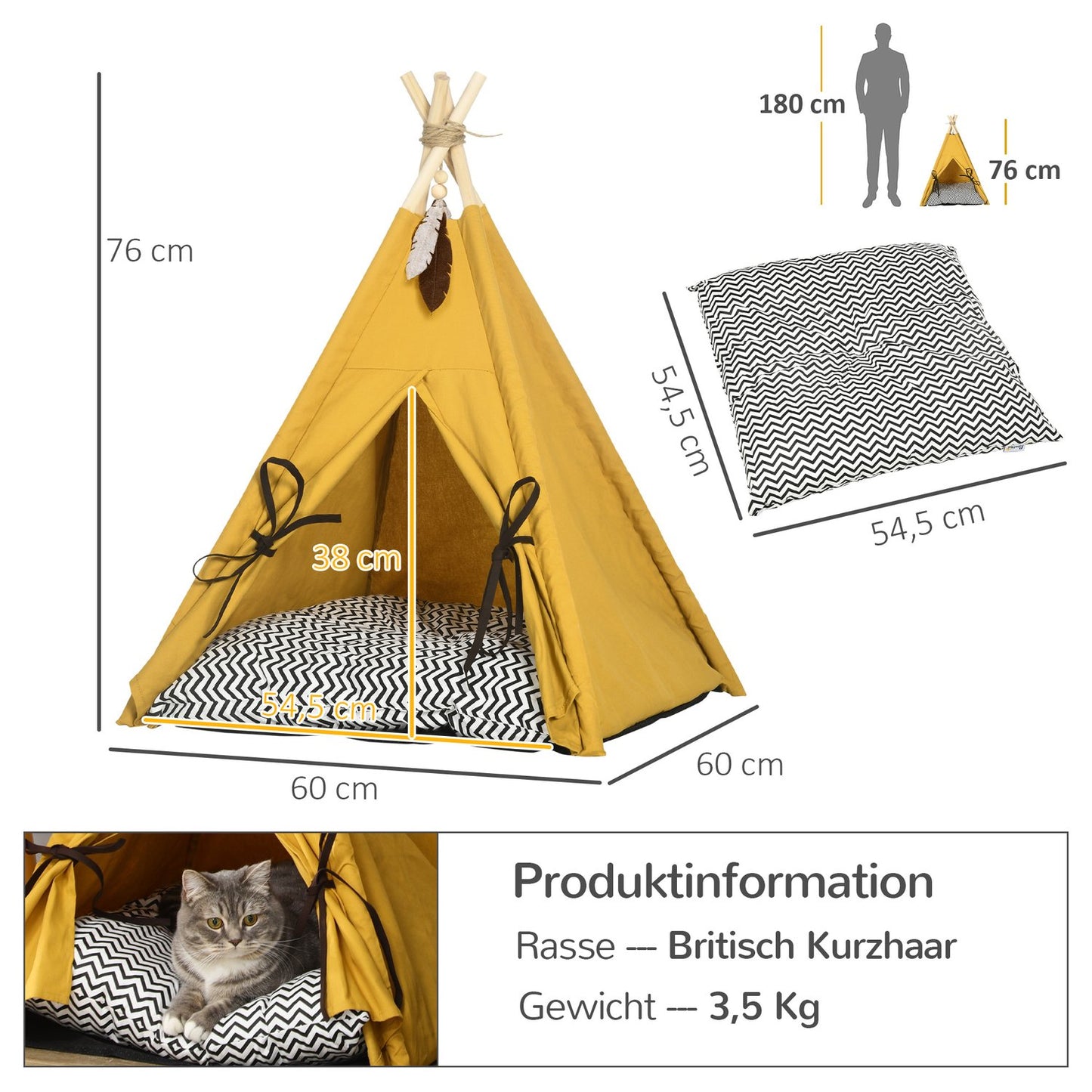 Indoor cat & dog Tipi tent bed, pine, yellow pillow