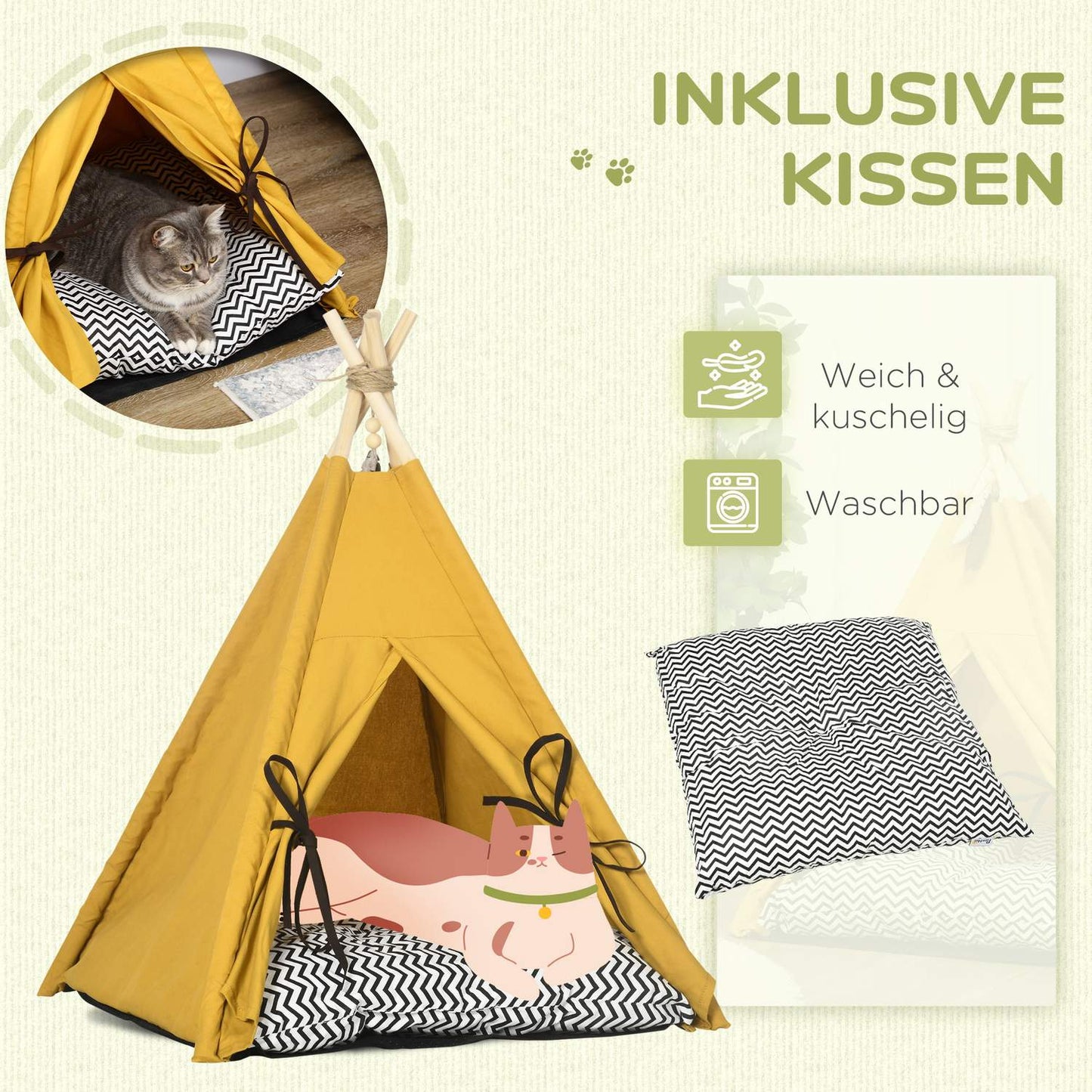 Indoor cat & dog Tipi tent bed, pine, yellow pillow