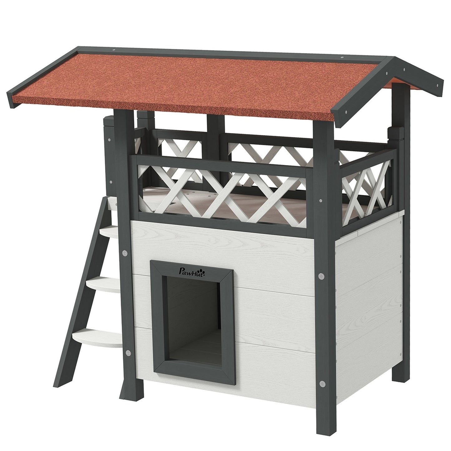 Solid wood cat house - 2-story house with balcony and stairs