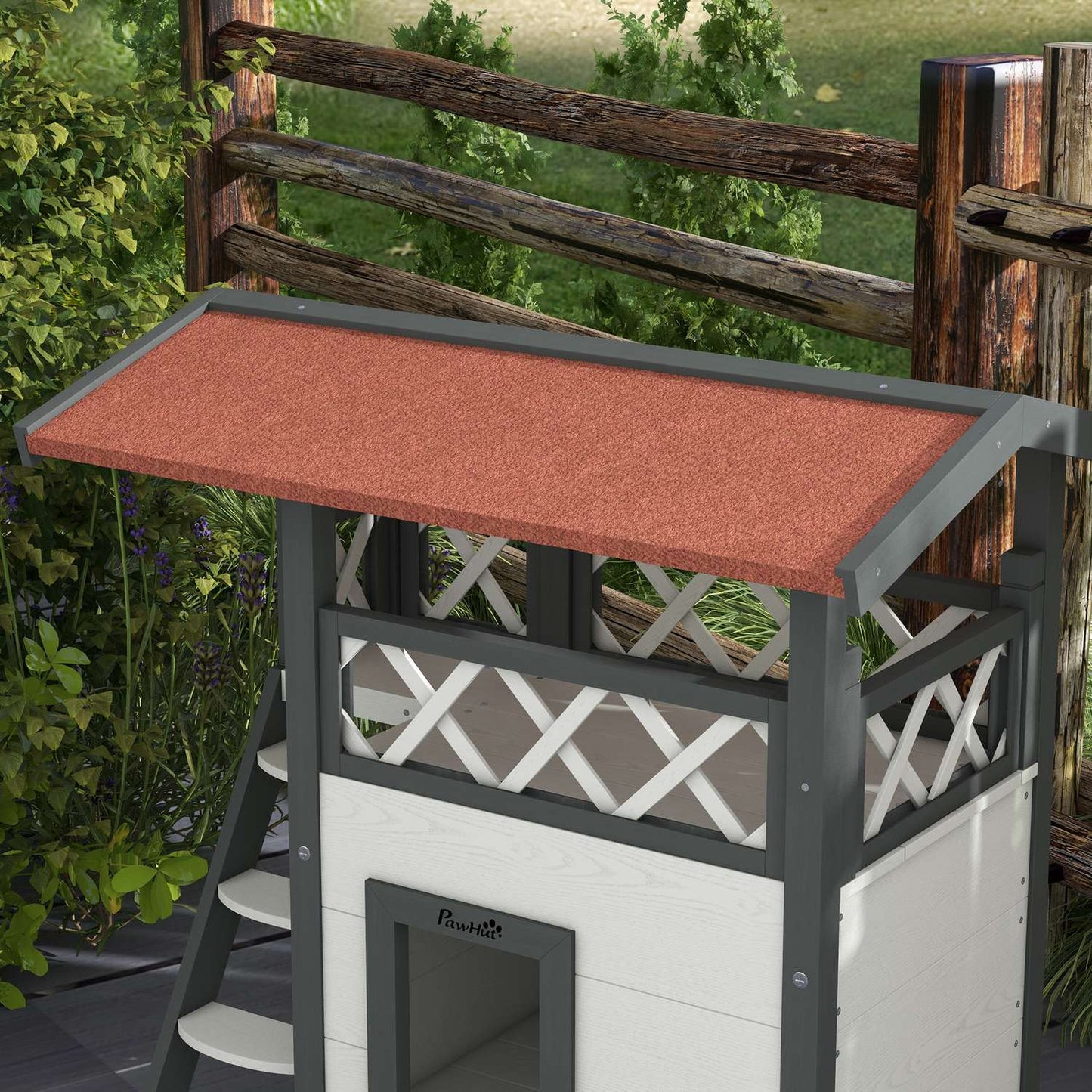 Solid wood cat house - 2-story house with balcony and stairs