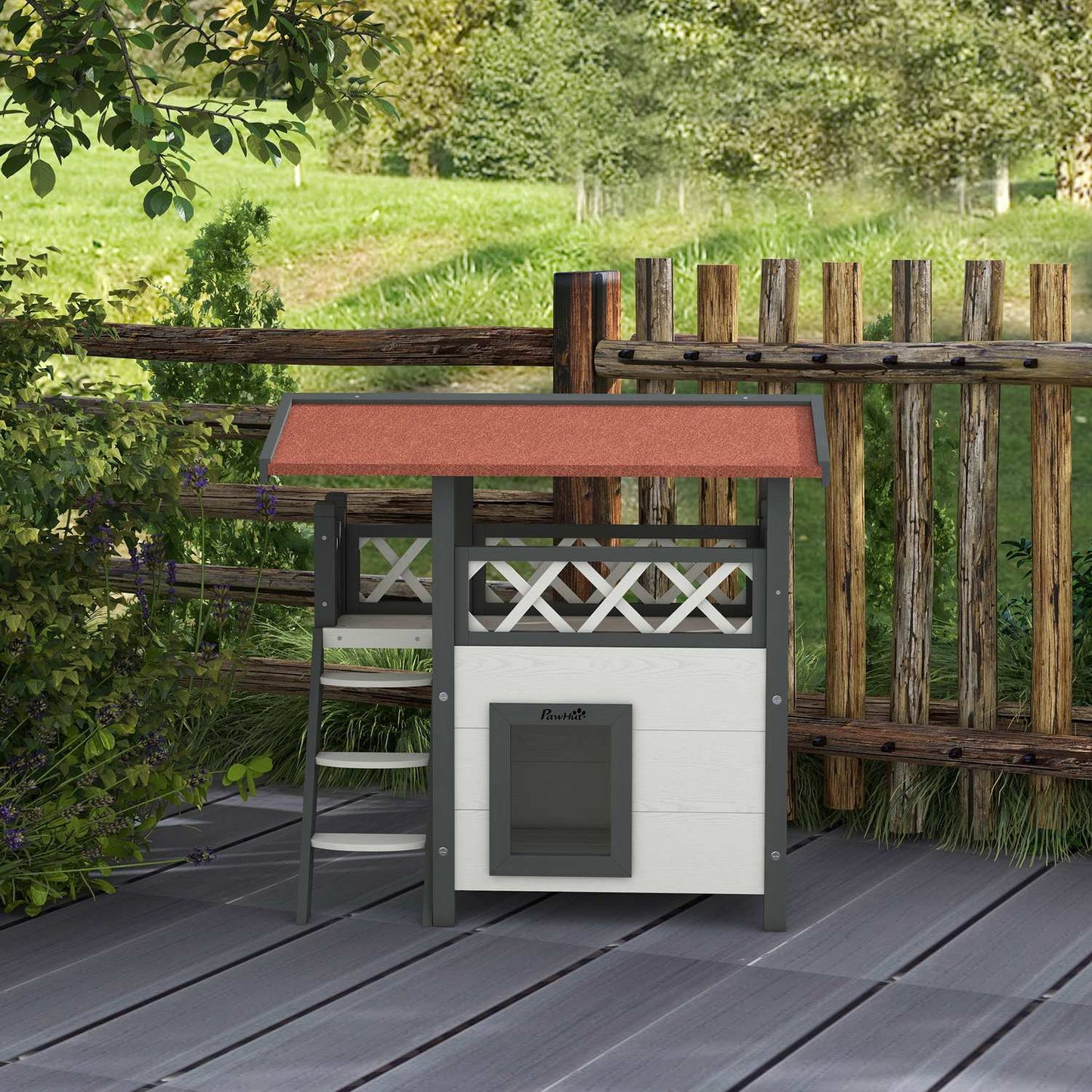 Solid wood cat house - 2-story house with balcony and stairs