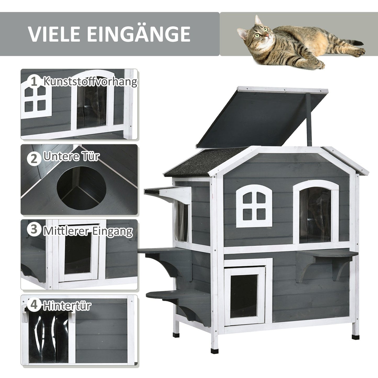 Outdoor weatherproof cat house, asphalt roof, 2 levels