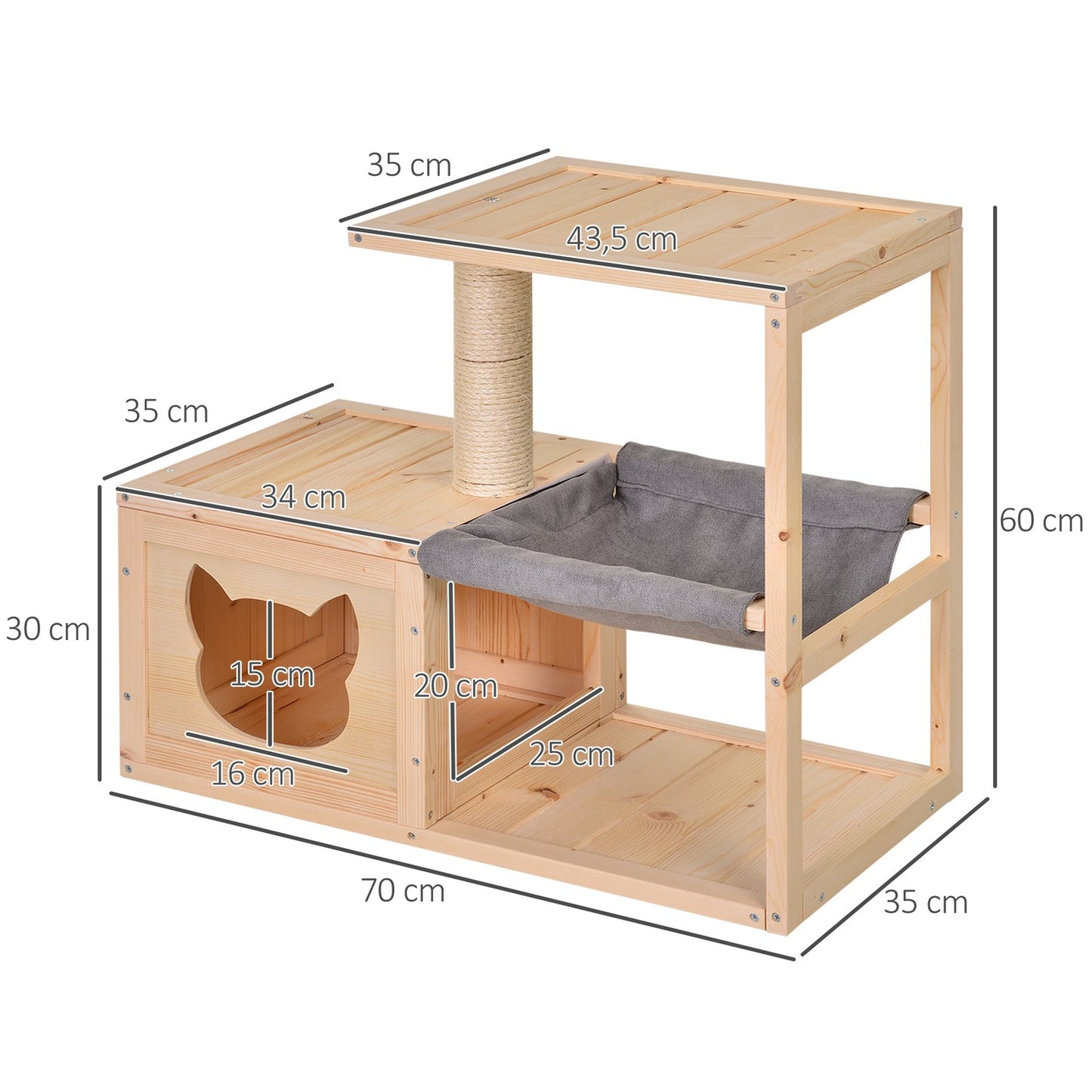 Cat house with hammock and sisal, natural wood, 70x35x60 Cm