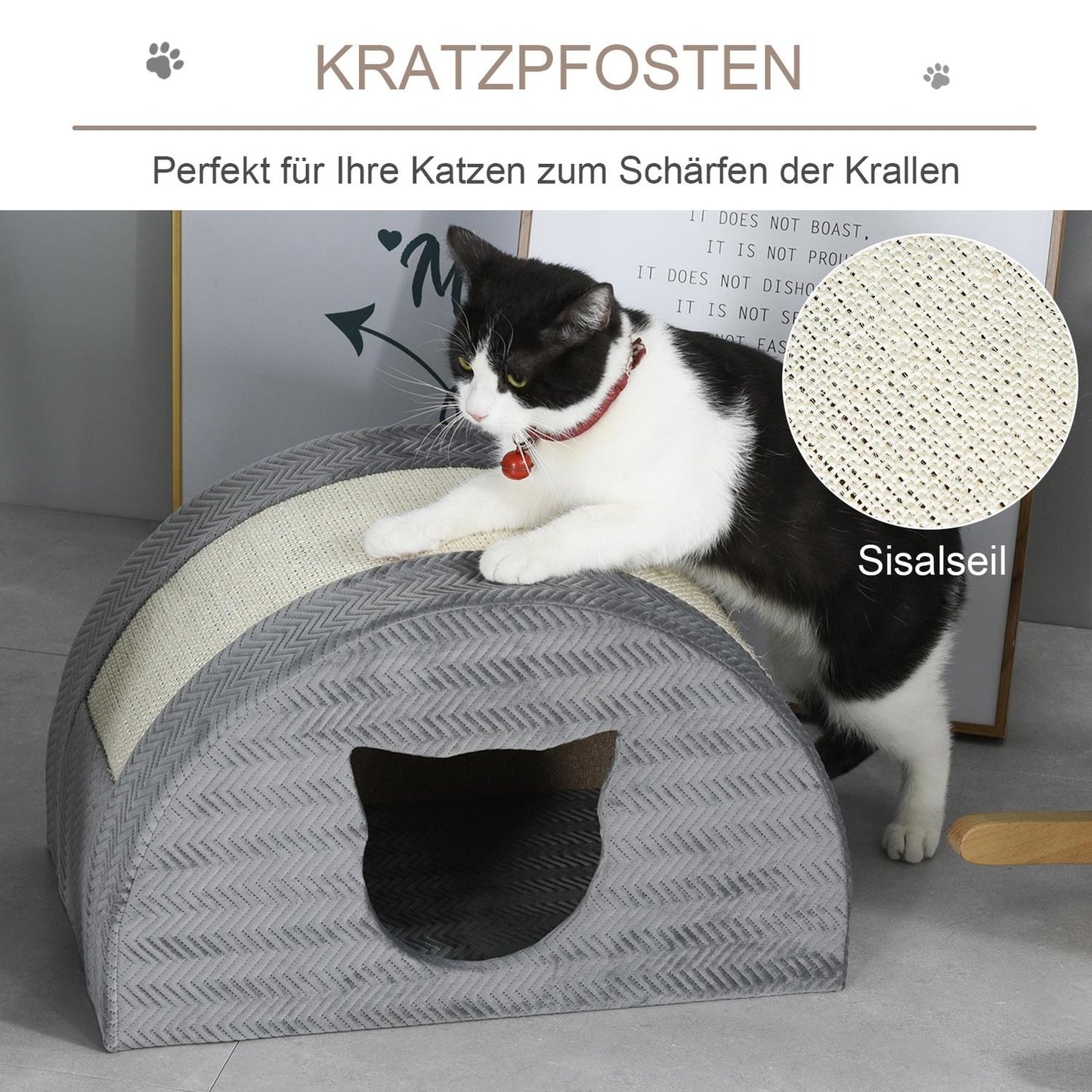 Cat house with scratching board, sisal, grey, 48.5x30x30 cm