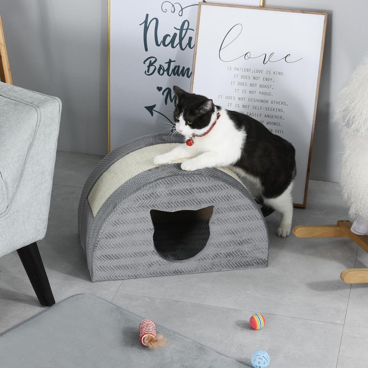 Cat house with scratching board, sisal, grey, 48.5x30x30 cm