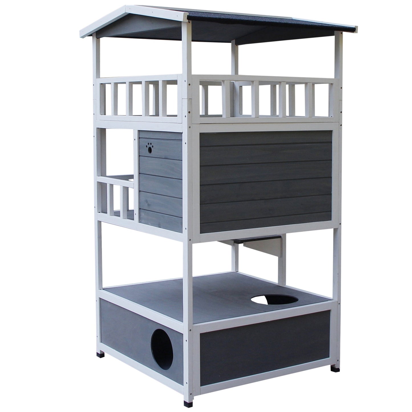 Solid wood cat house with balcony and stairs, gray