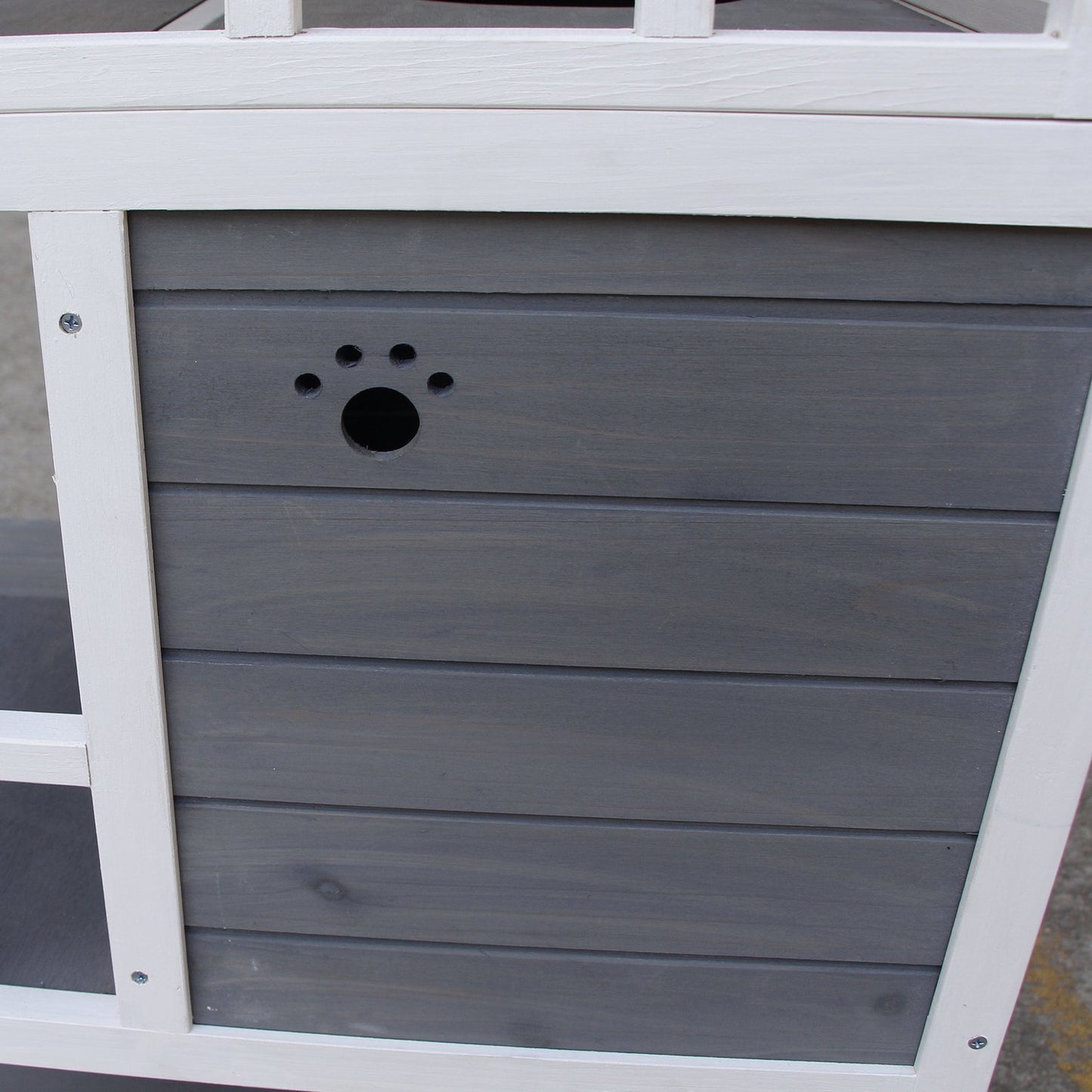 Solid wood cat house with balcony and stairs, gray