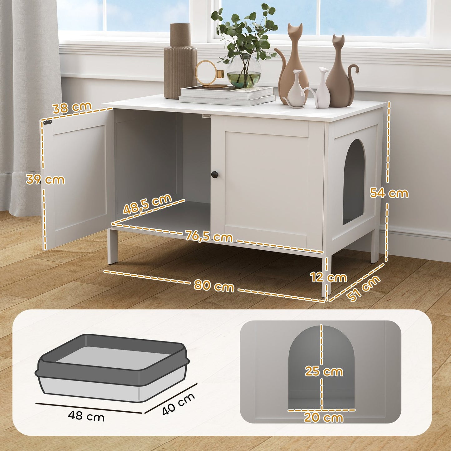 Cat Litter Box Cabinet Cat House with Door Partition Cat Litter Box for Large Cats 80 x 51 x 54 cm White