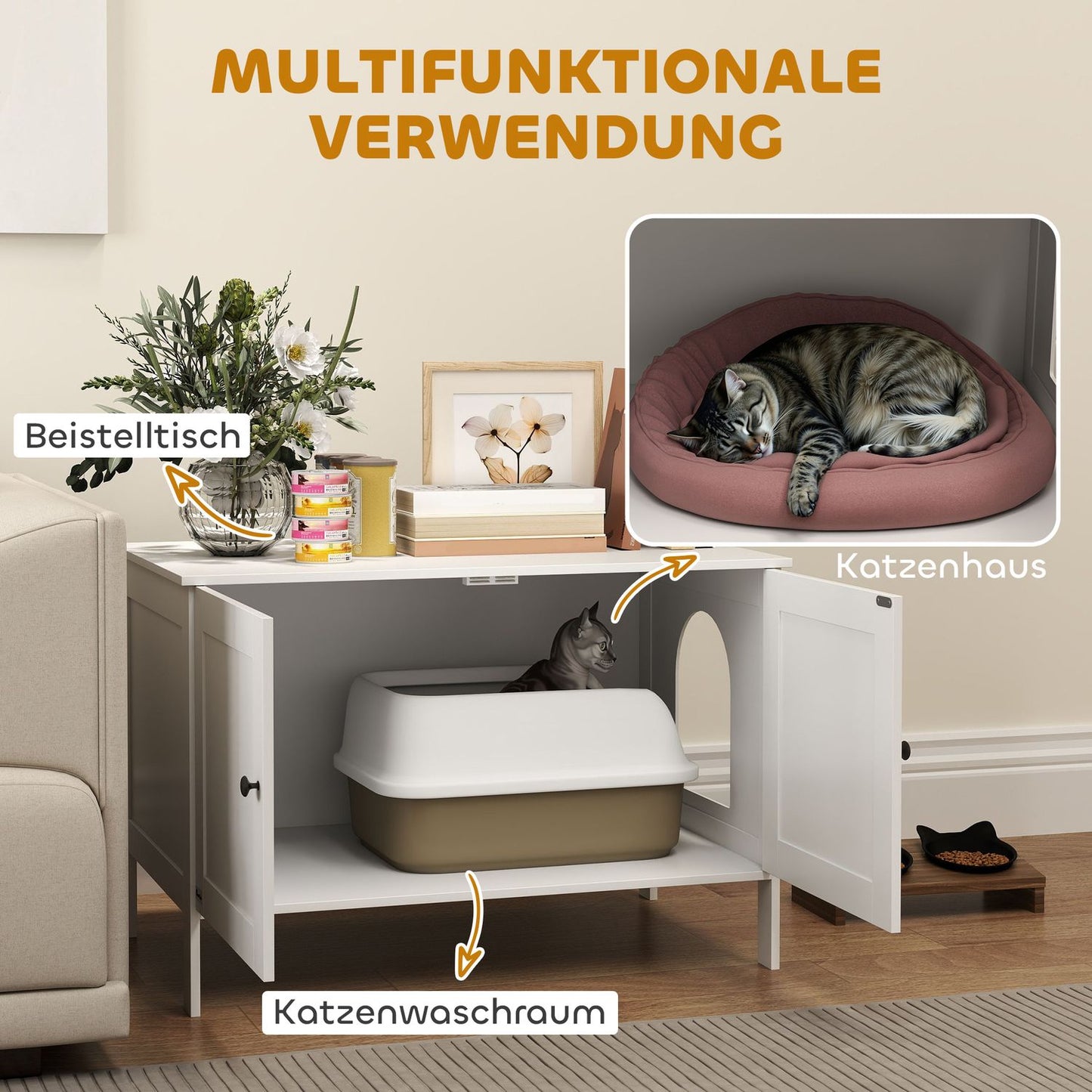 Cat Litter Box Cabinet Cat House with Door Partition Cat Litter Box for Large Cats 80 x 51 x 54 cm White