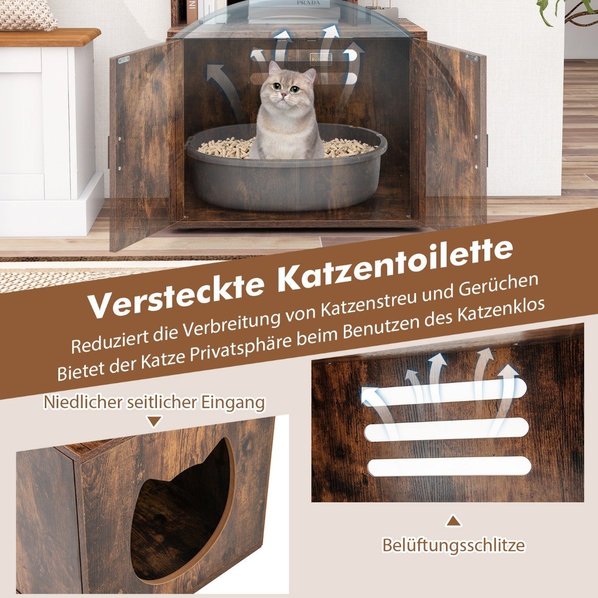 Cat Litter Box Cabinet with Bookshelf, 60x45.5x142 cm, Brown
