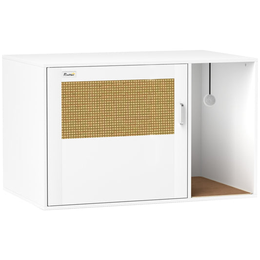 Cat Litter Box Enclosure, Rattan Door, Scratch Pad, White