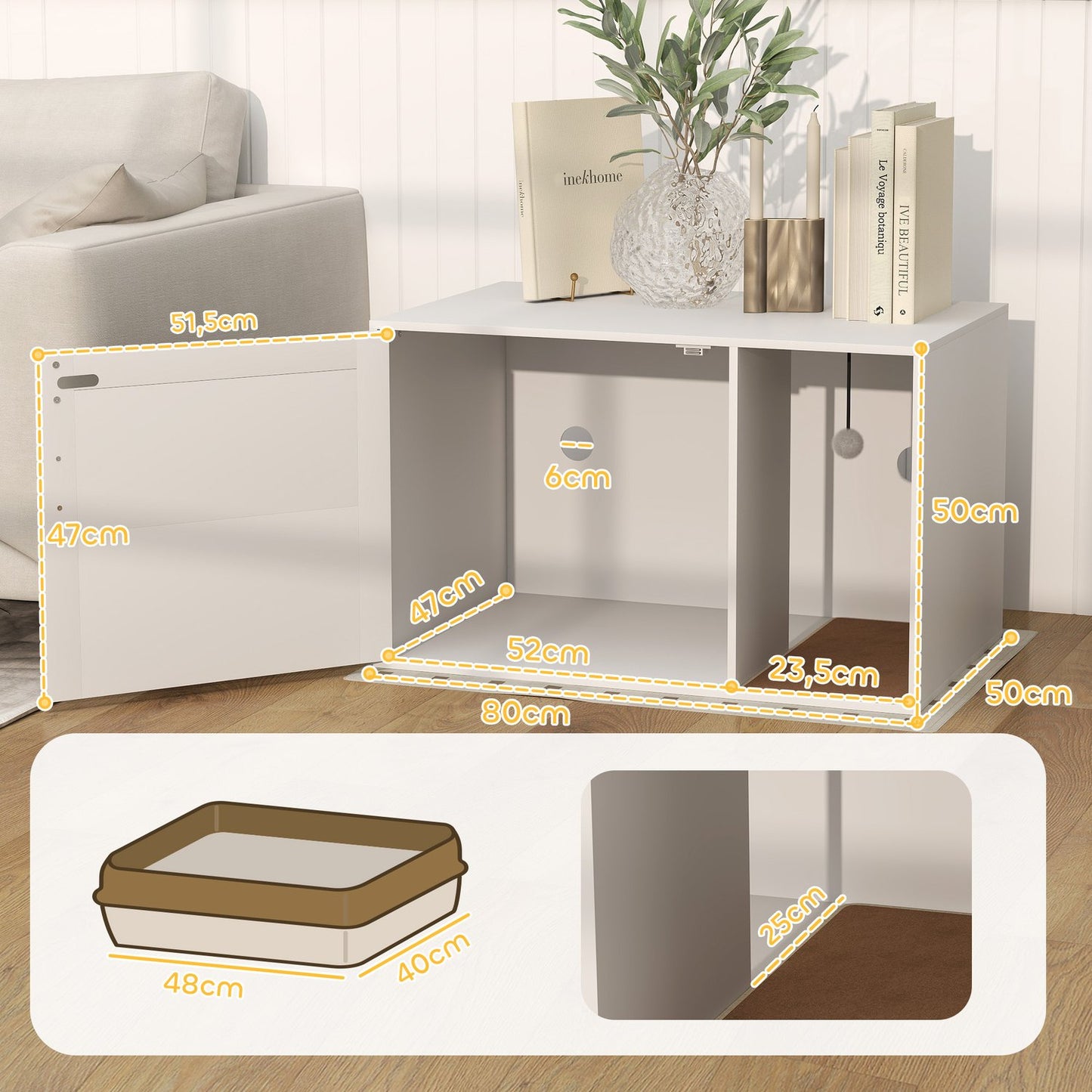 Cat Litter Box Enclosure, Rattan Door, Scratch Pad, White