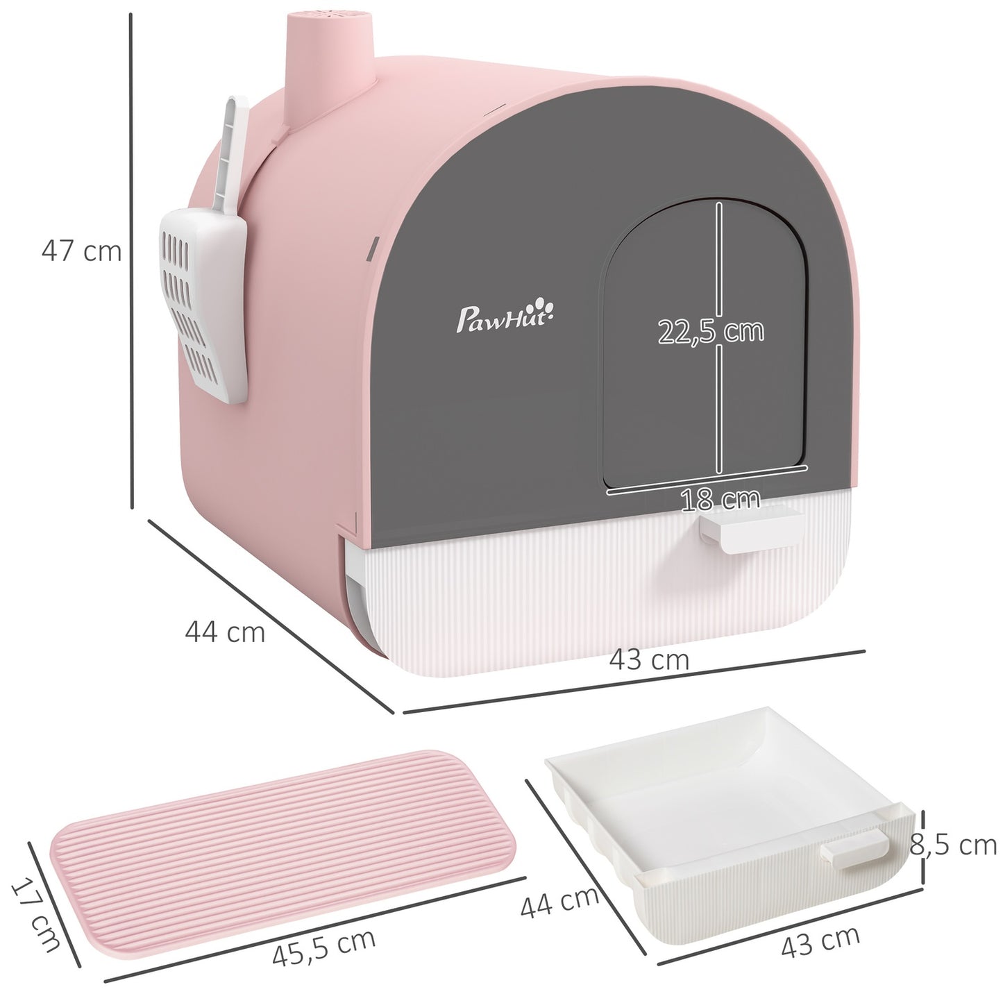 Pink cat litter box with pull-out tray and mat, 5 kg capacity