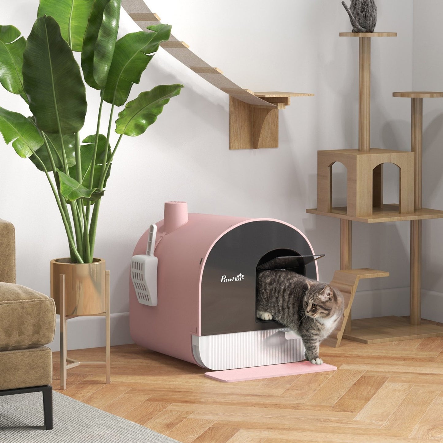 Pink cat litter box with pull-out tray and mat, 5 kg capacity