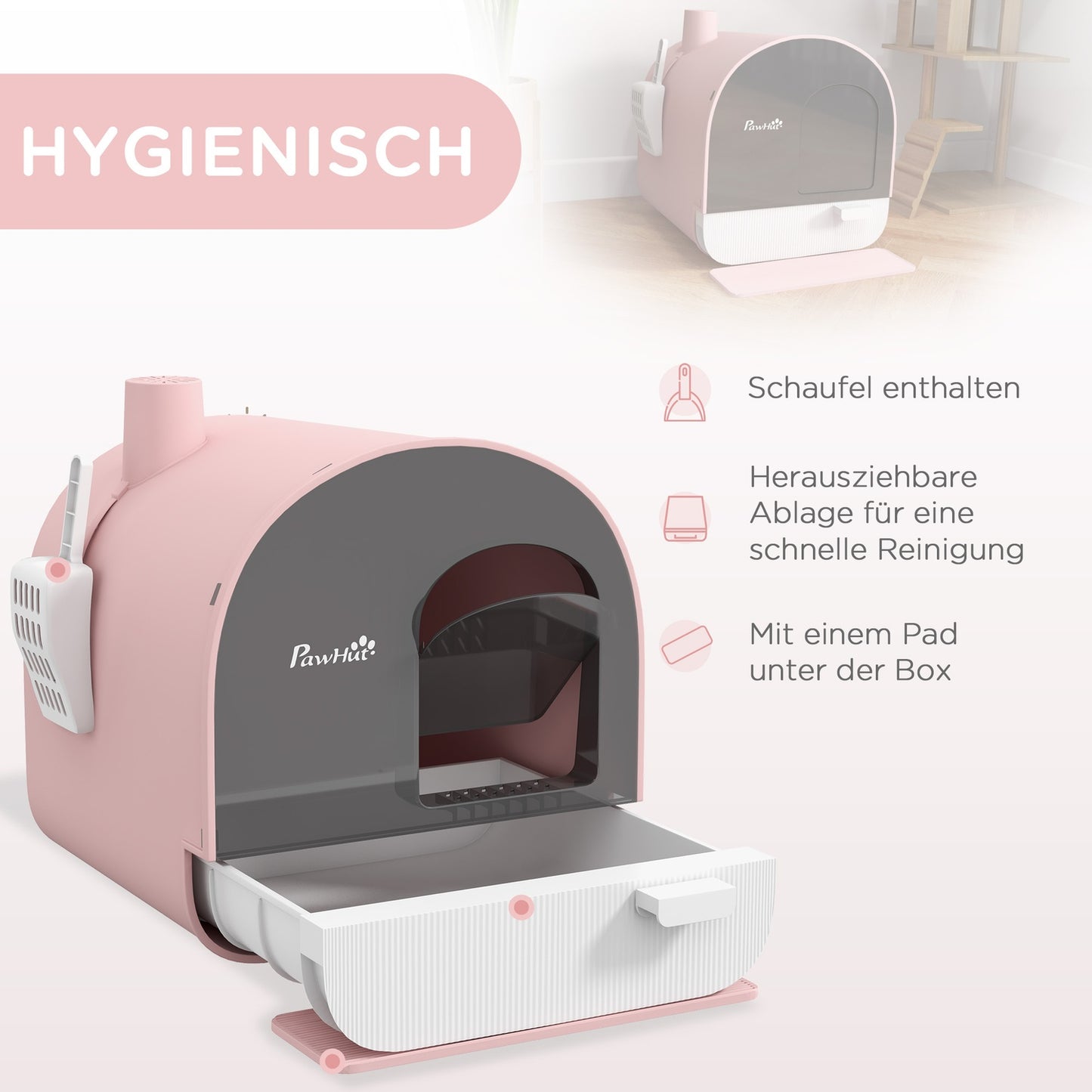 Pink cat litter box with pull-out tray and mat, 5 kg capacity