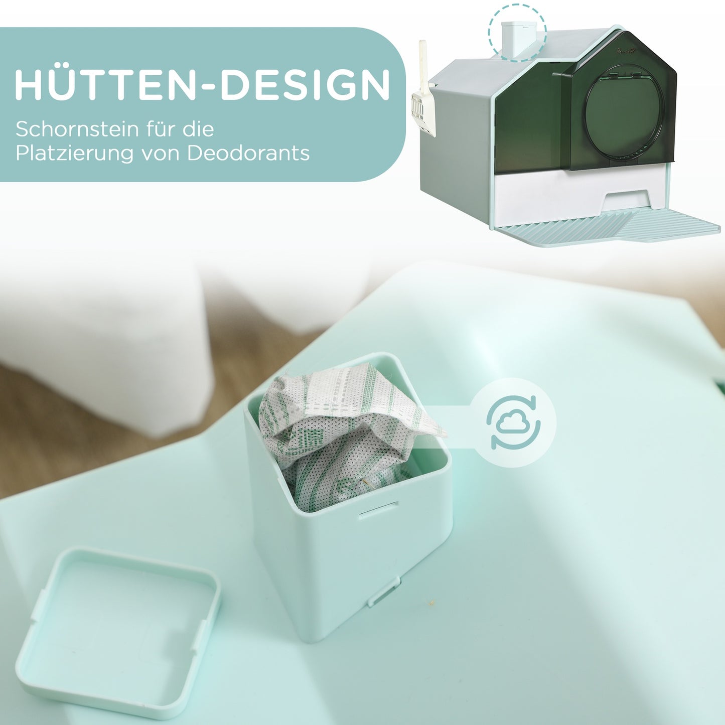 Cat litter with hood, filter & scoop, light blue 47x45x42cm