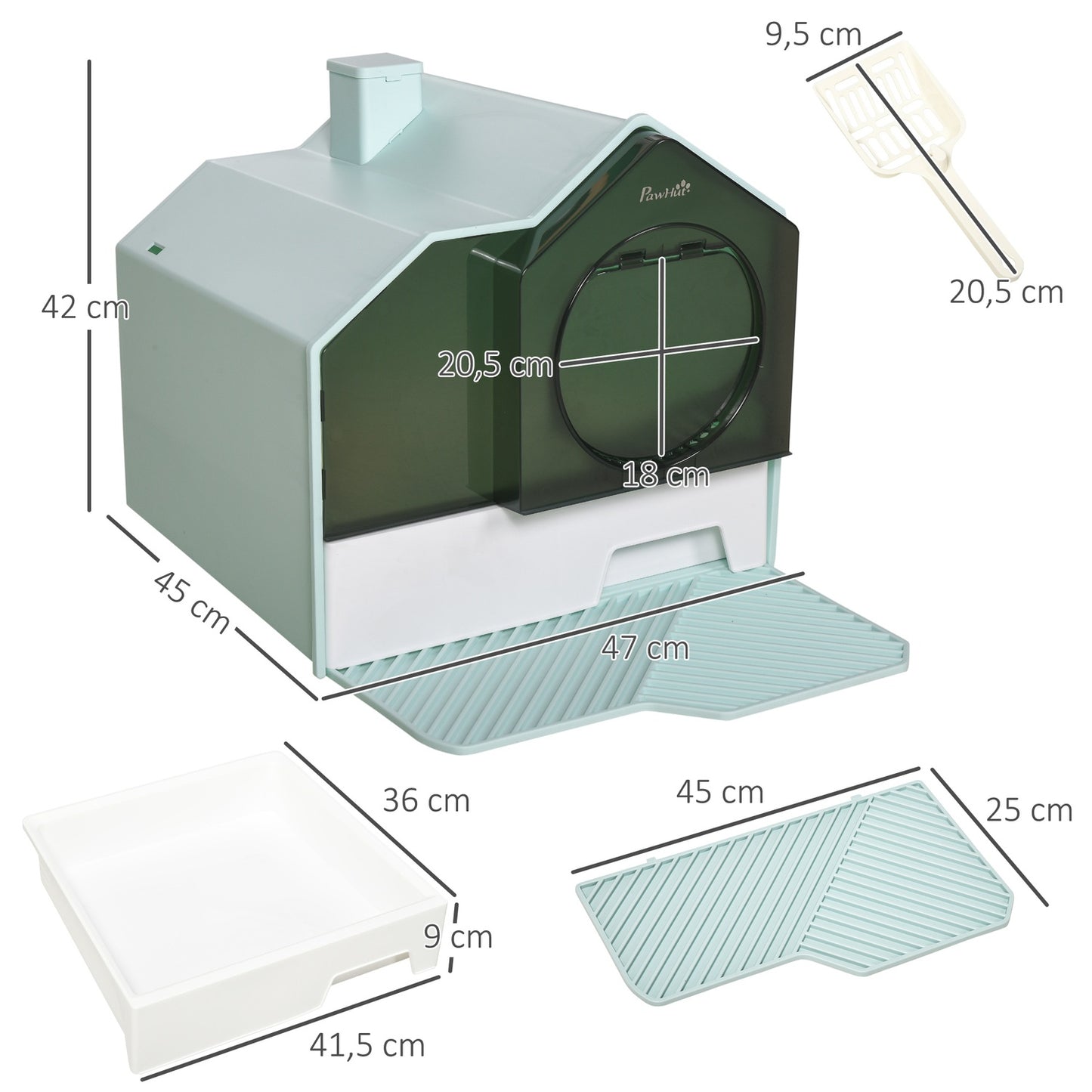 Cat litter with hood, filter & scoop, light blue 47x45x42cm
