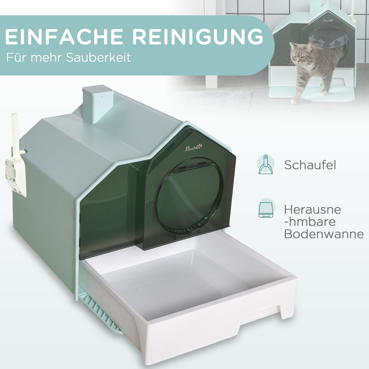 Cat litter with hood, filter & scoop, light blue 47x45x42cm