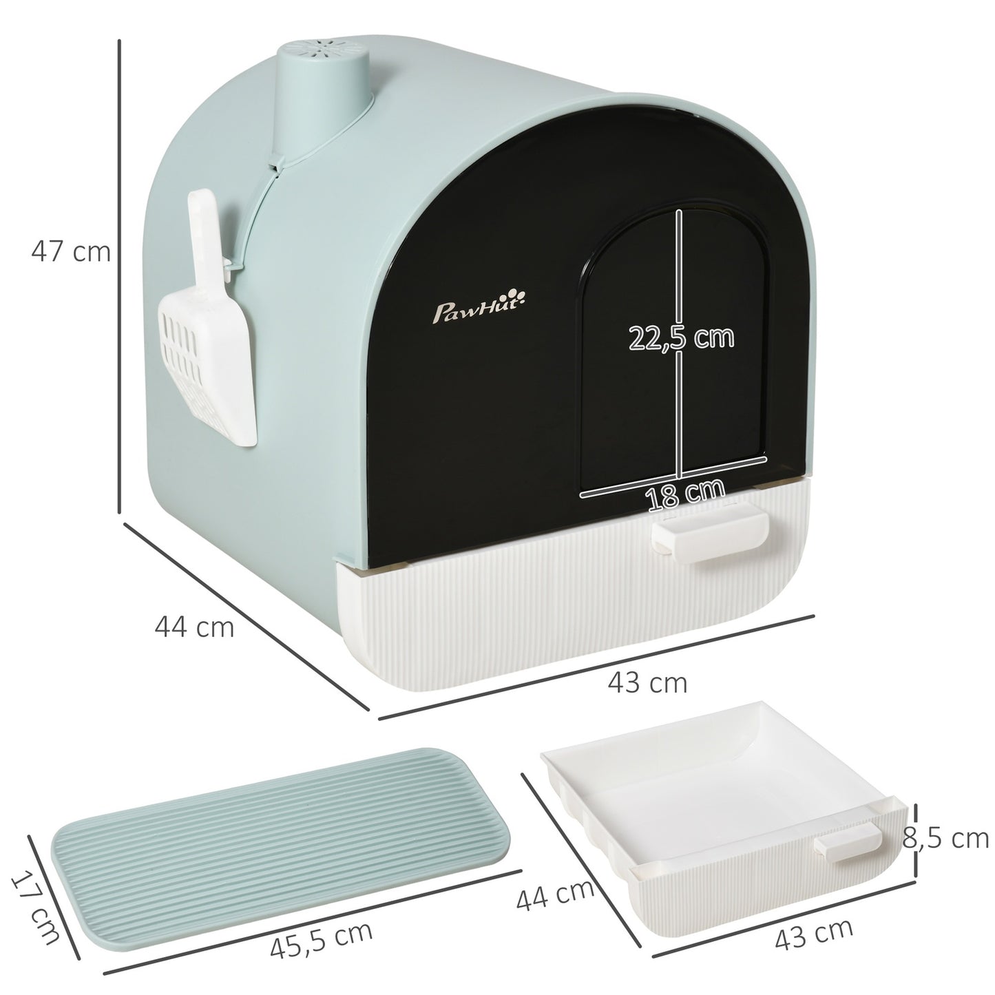 Cat box with hood, green, plastic, fits cats up to 5 kg