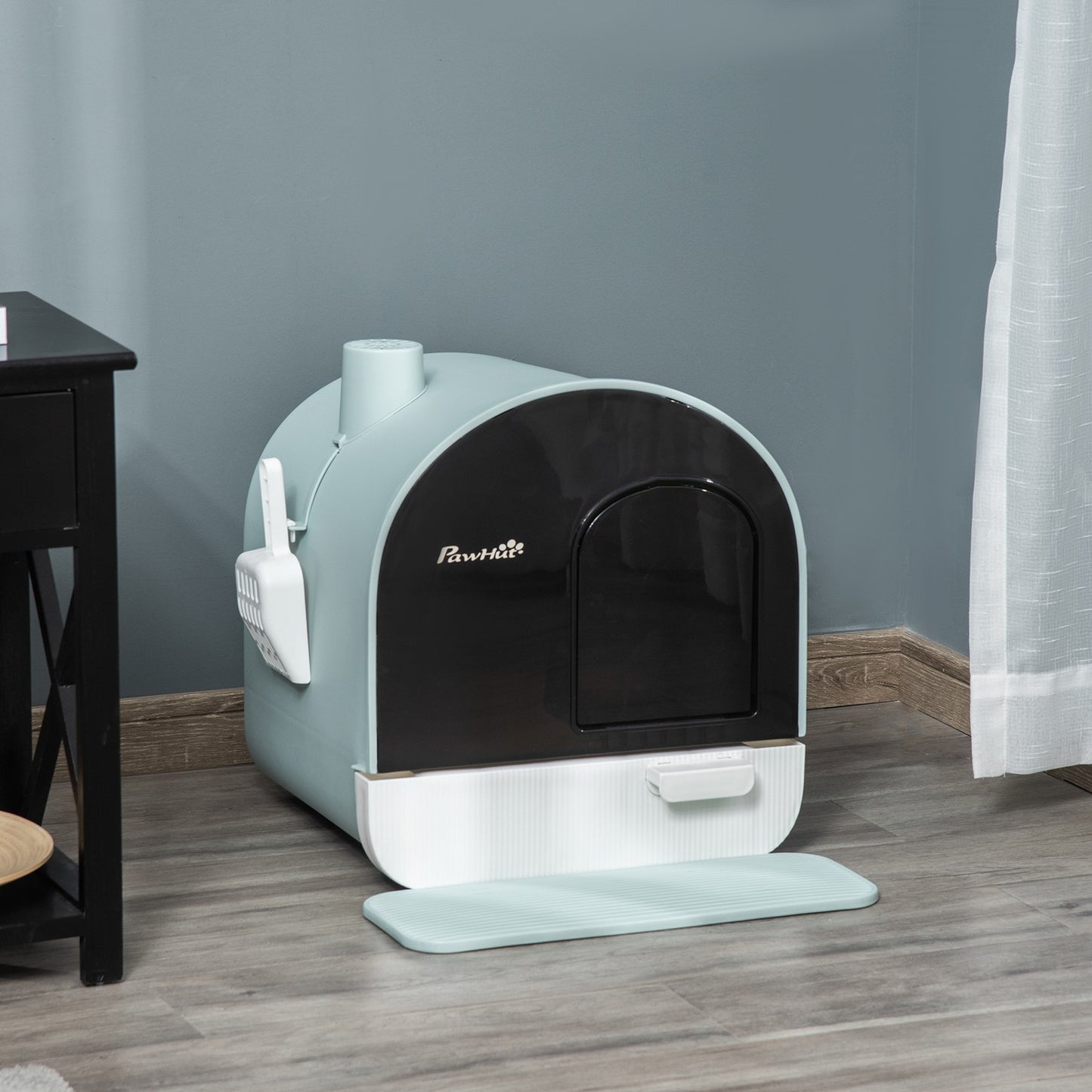Cat box with hood, green, plastic, fits cats up to 5 kg