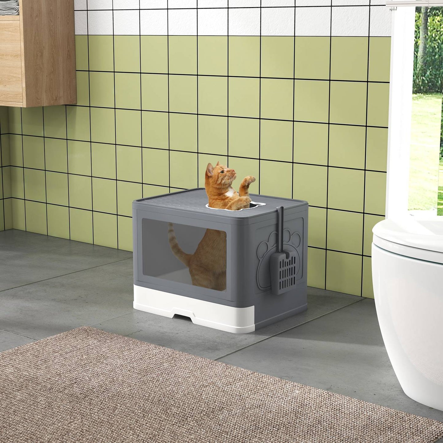 Gray indoor cat litter box with lid and scoop, up to 4 kg