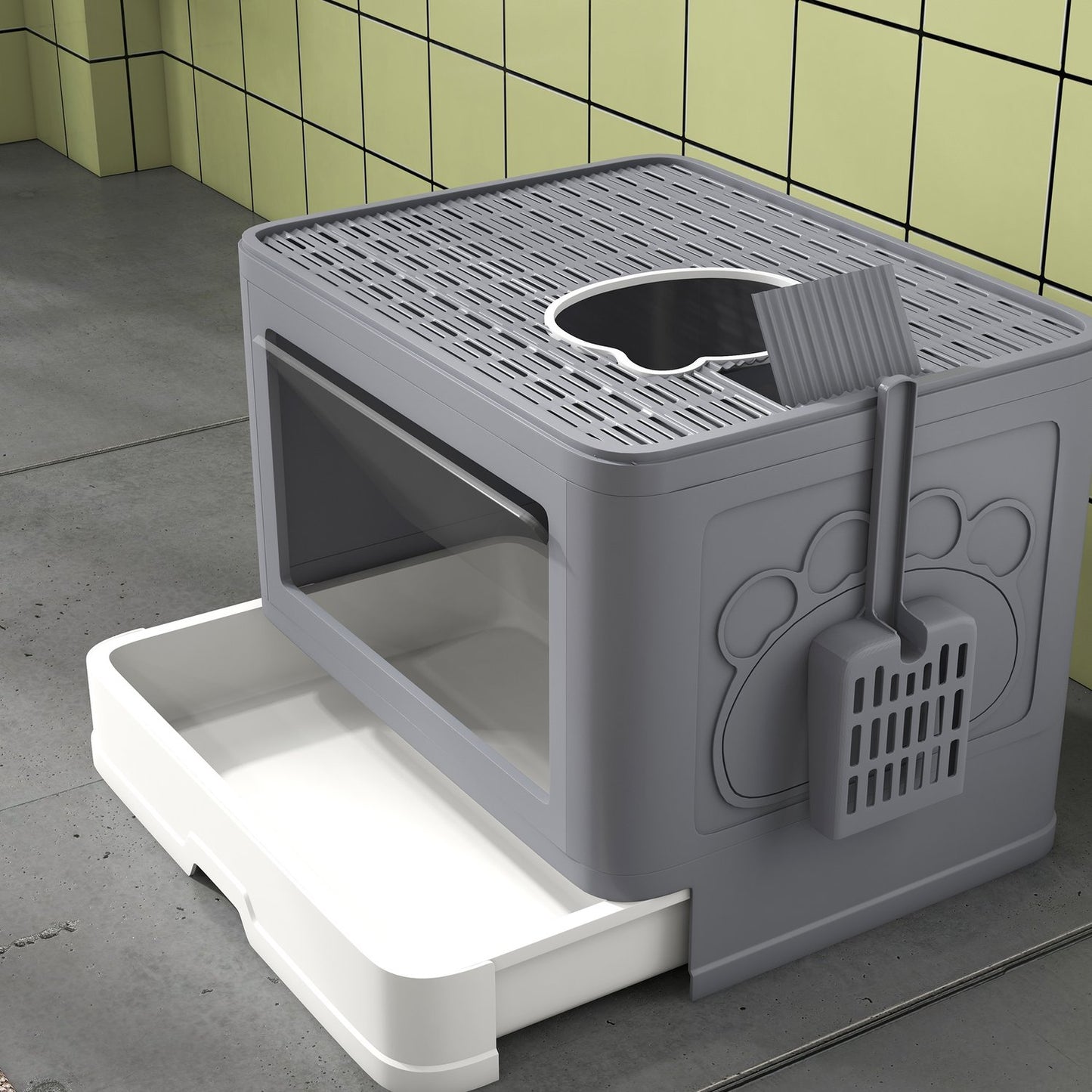 Gray indoor cat litter box with lid and scoop, up to 4 kg