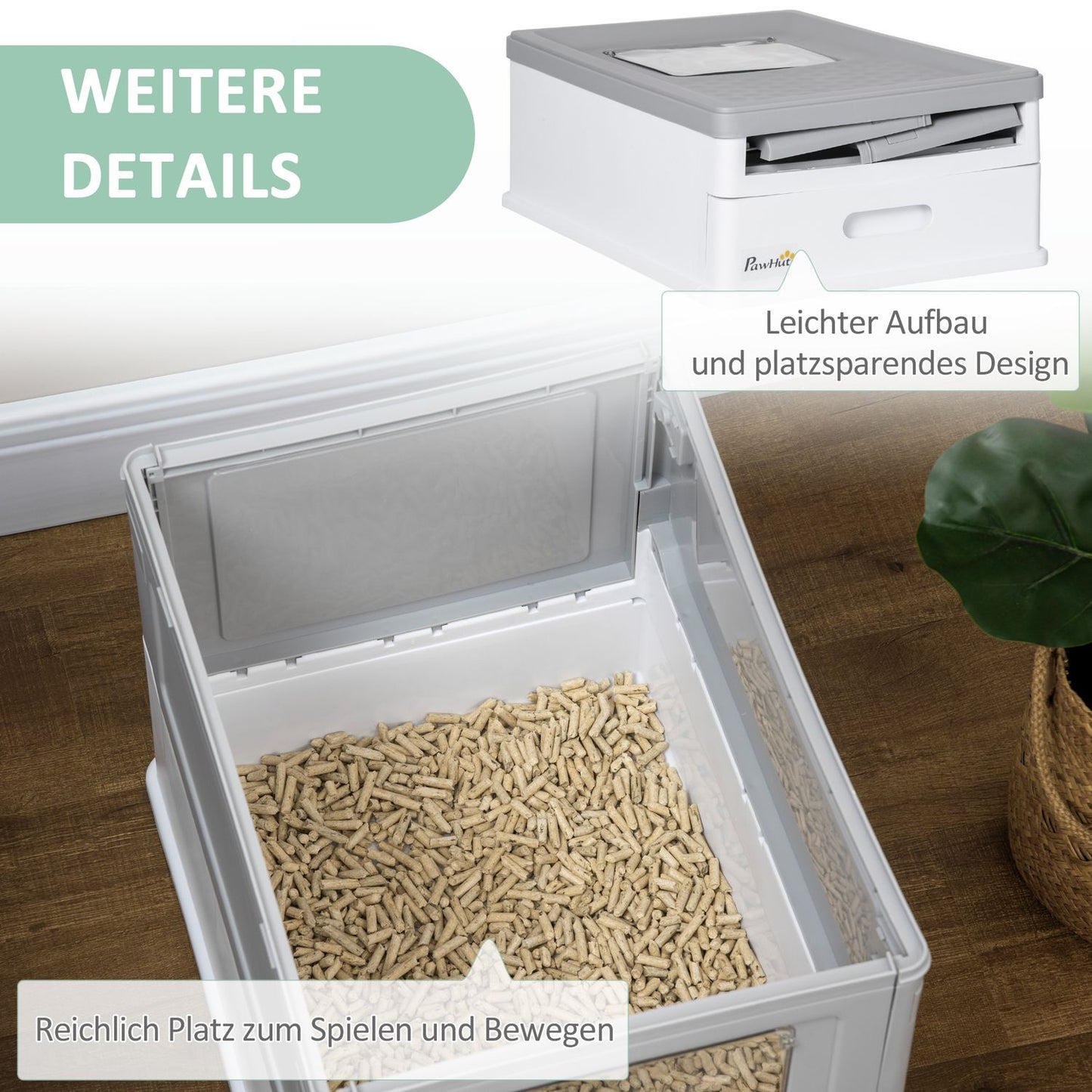 Cat box with lid, scoop & odor remover, plastic, white/grey