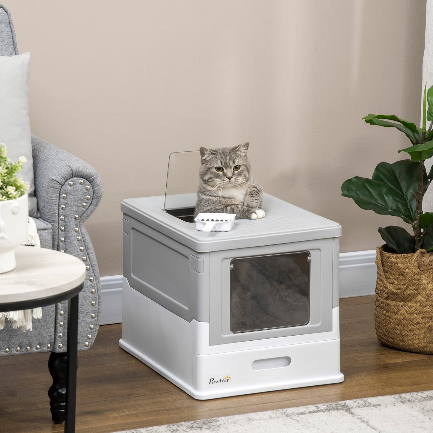Cat box with lid, scoop & odor remover, plastic, white/grey