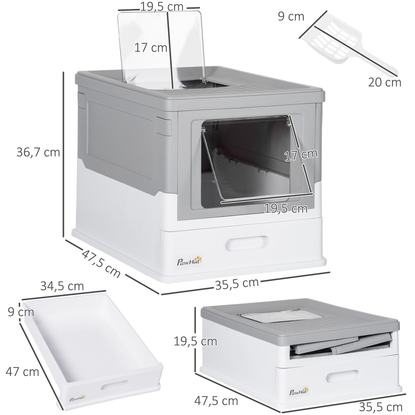 Cat box with lid, scoop & odor remover, plastic, white/grey