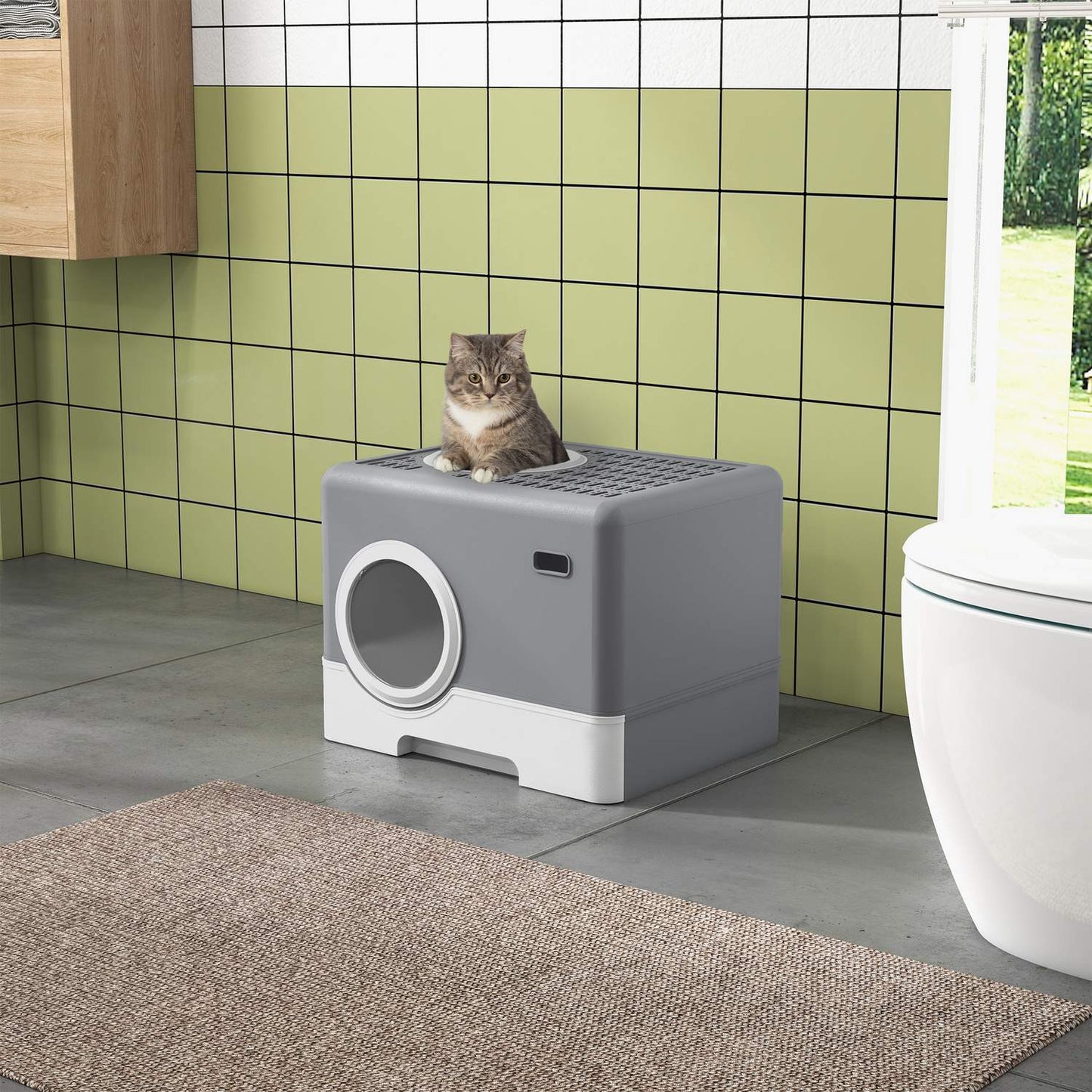Cat box with lid & scoop, double exits, gray 52x41x38.5 cm