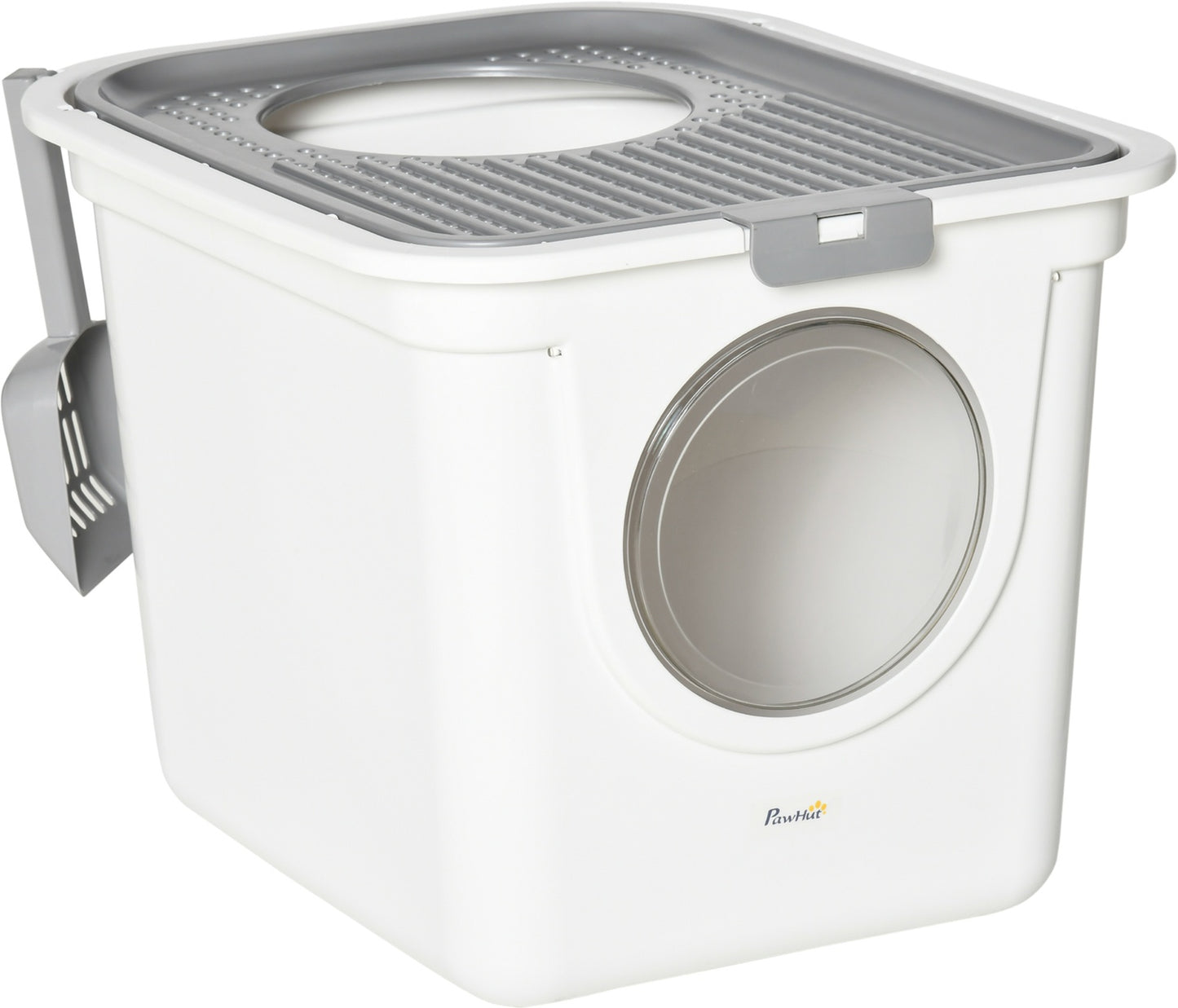 Plastic cat litter box with lid and scoop, indoor - Grey/White