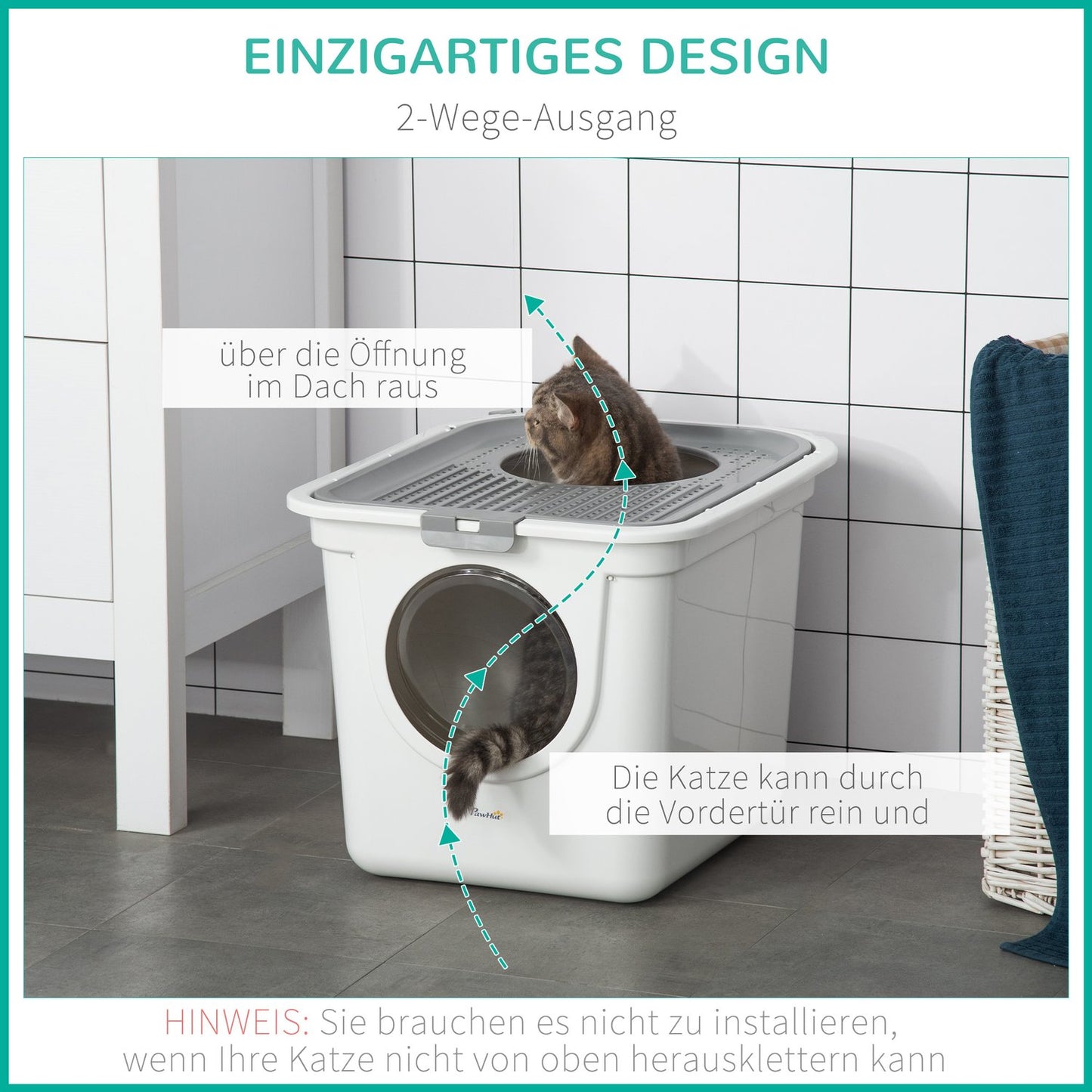 Plastic cat litter box with lid and scoop, indoor - Grey/White
