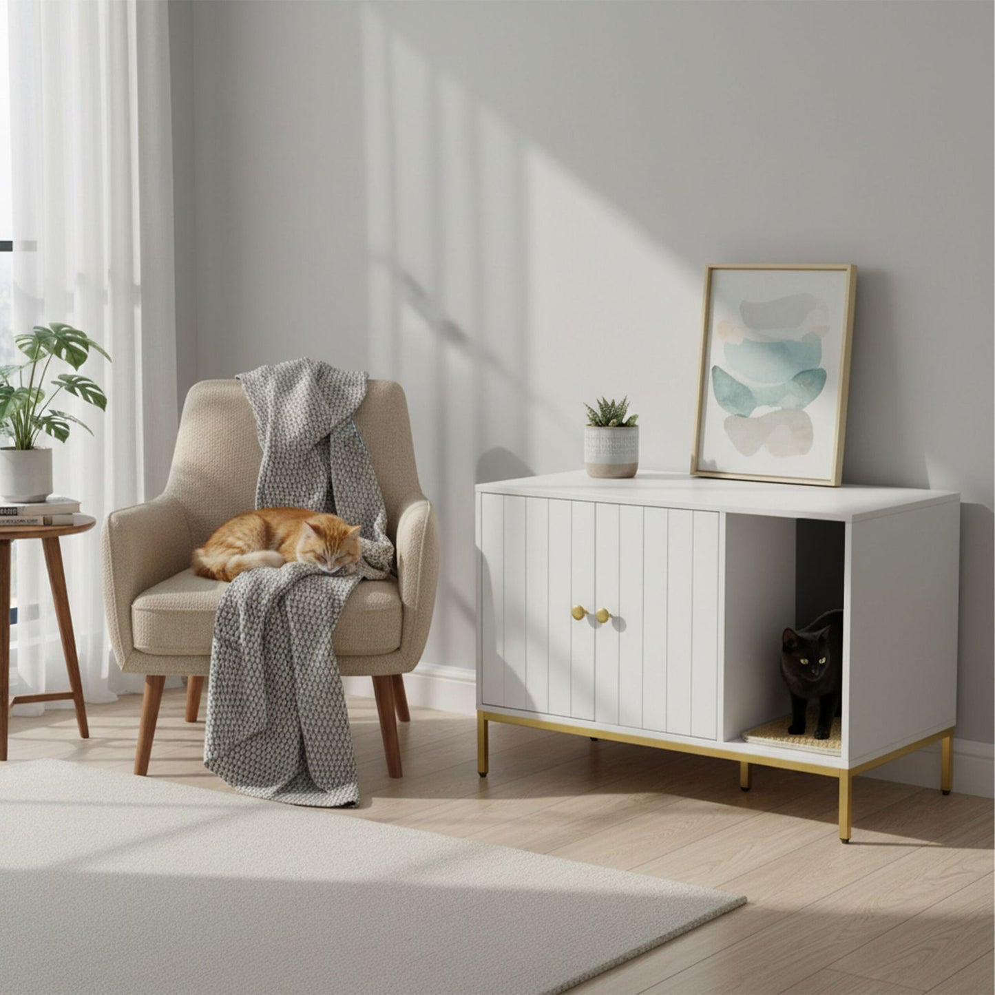 Cat Litter Cabinet – Wood-Effect, Metal Frame, 2-Door Design
