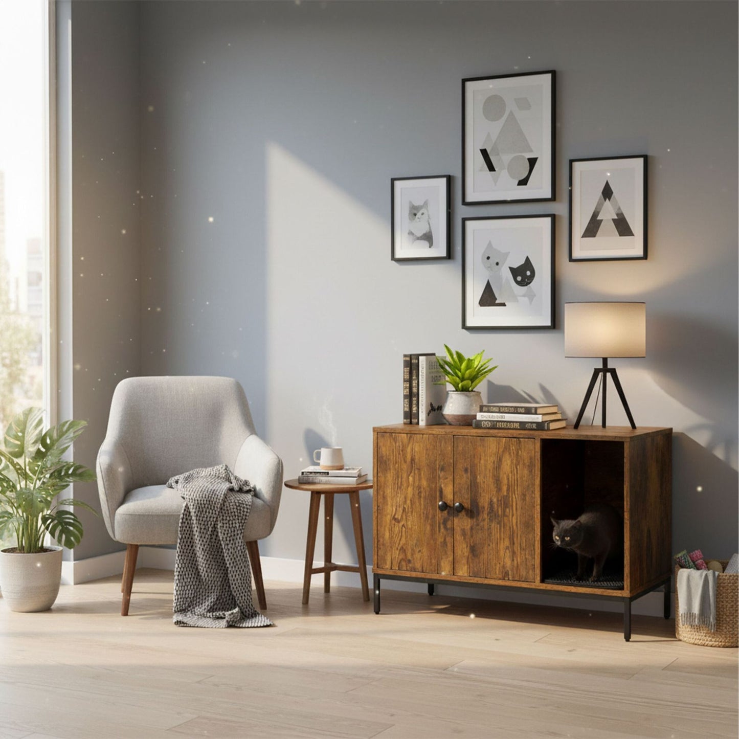 Cat Litter Cabinet – Wood-Effect, Metal Frame, 2-Door Design