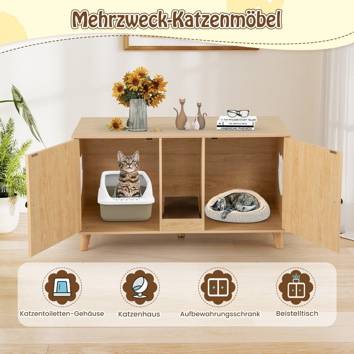Cat Litter Cabinet with 2 Doors, Dual Room Design