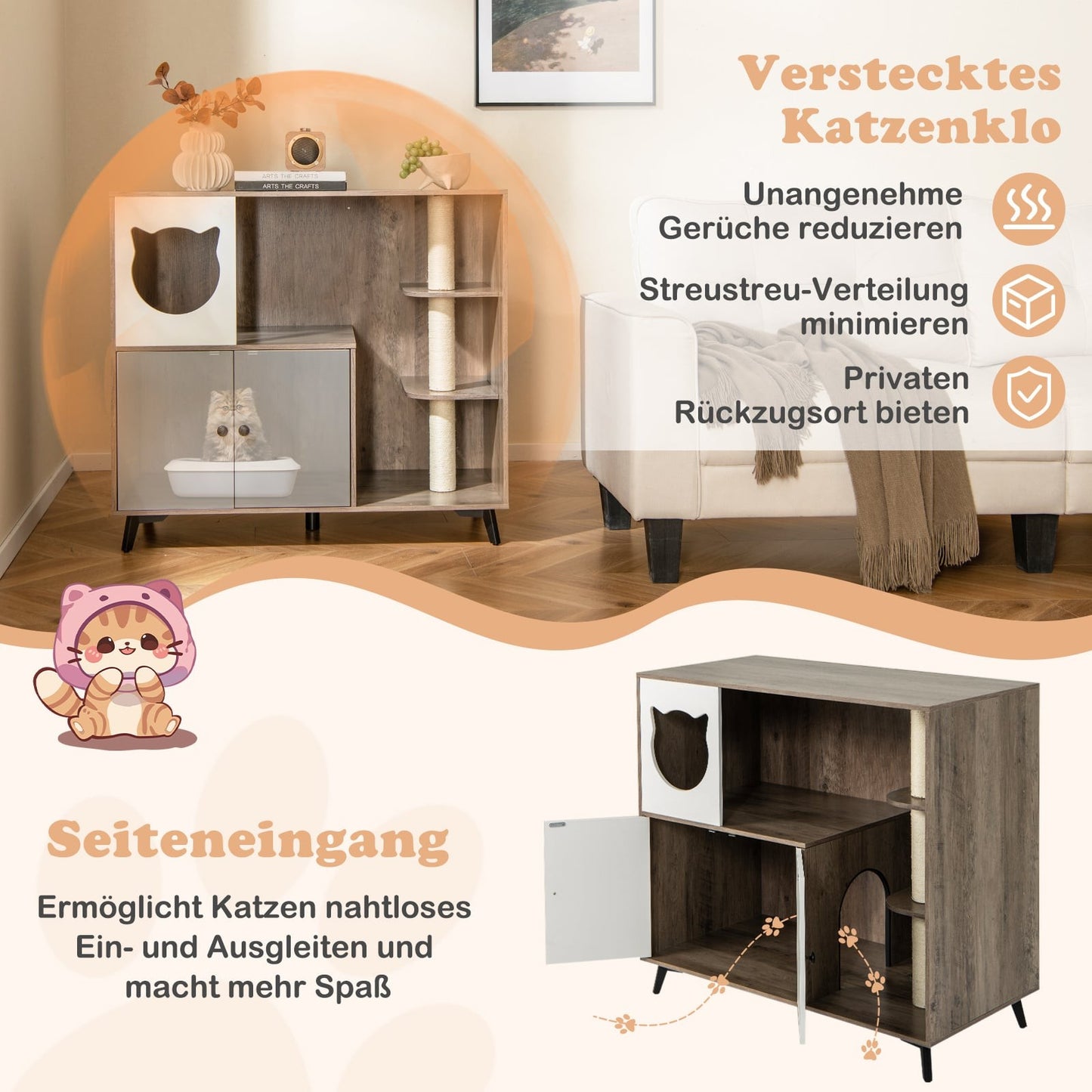 Cat Litter Cabinet with 3 Sisal Scratching Posts, Gray/White