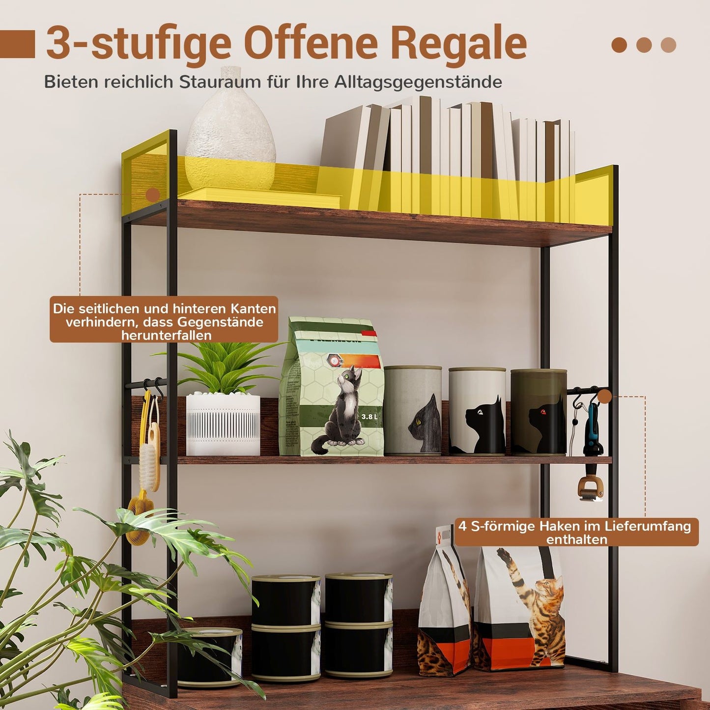 Cat Litter Cabinet with Bookshelf, Brown, 3 Shelves