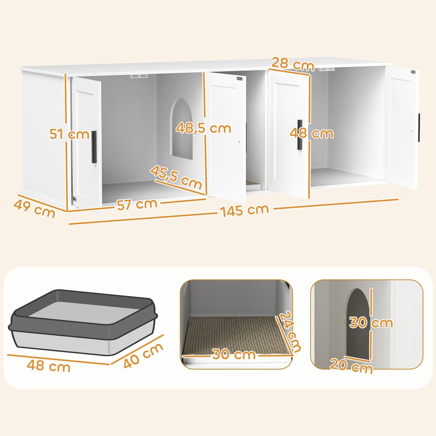 Cat Litter Cabinet with Door, White, 145 x 49 x 51 cm