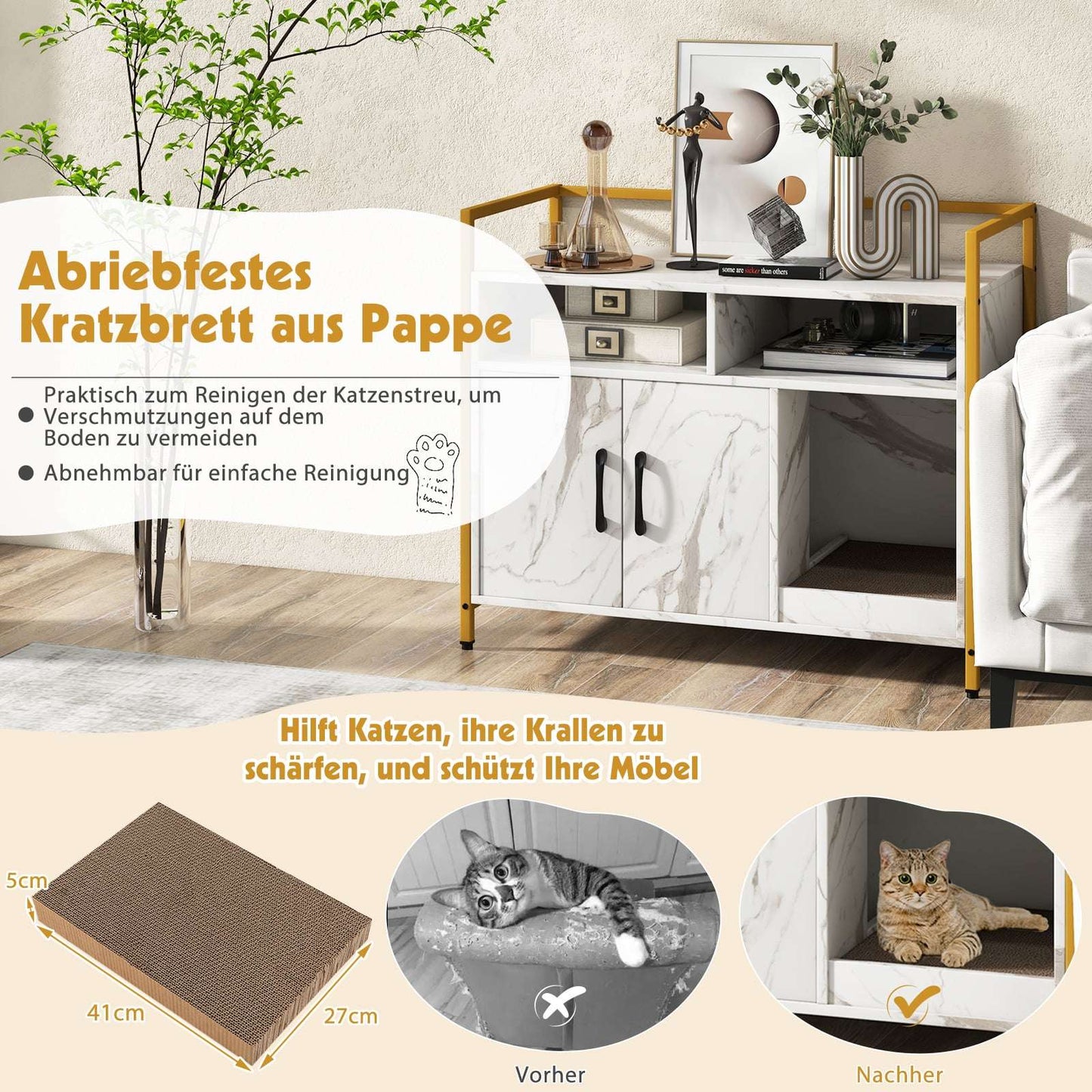 Cat Litter Cabinet with Double Doors & Scratch Pad