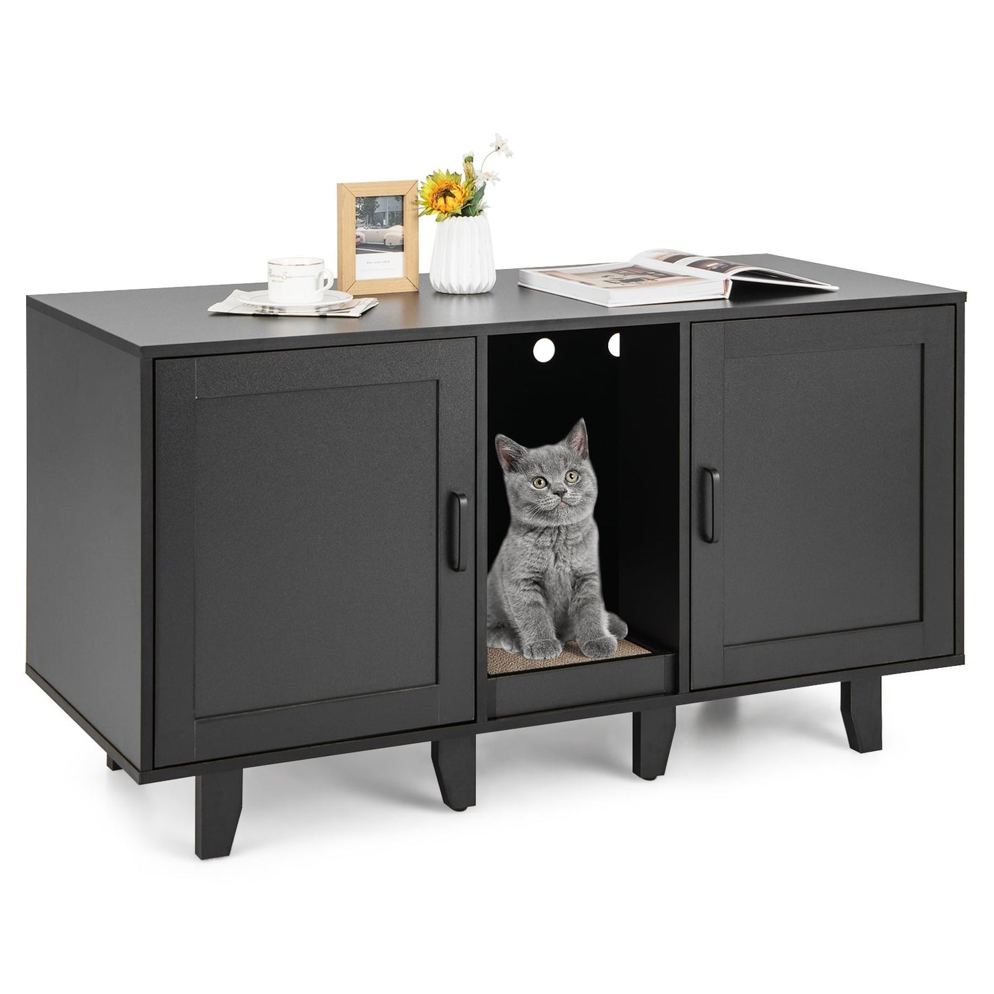 Cat Litter Cabinet with Scratching Board, 2 Doors, Black