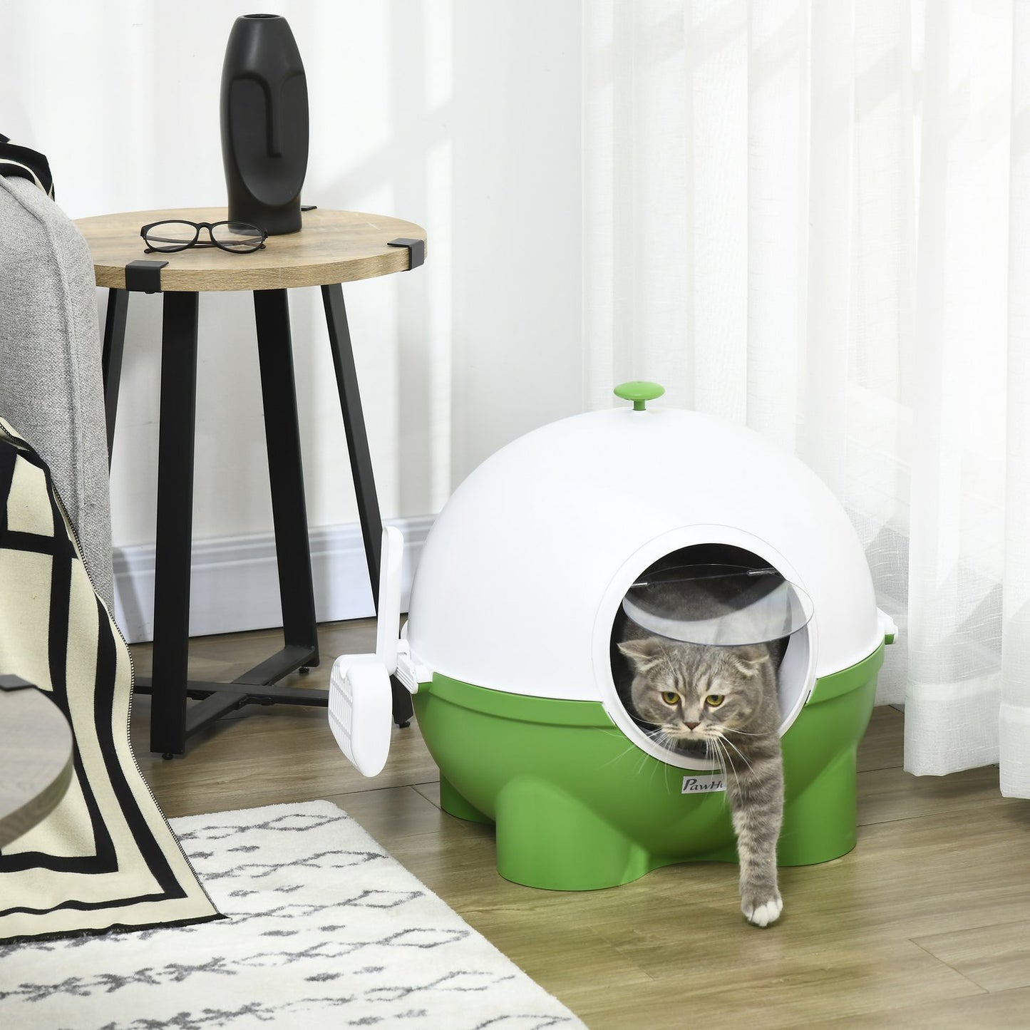 Cat litter tray with lid & scoop, indoor green, for cats up to 4 kg