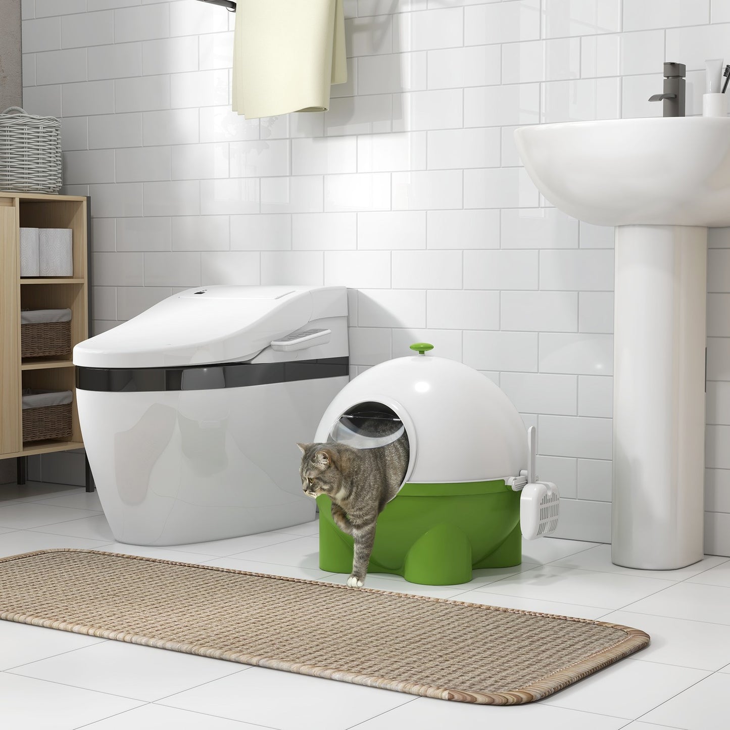 Cat litter tray with lid & scoop, indoor green, for cats up to 4 kg