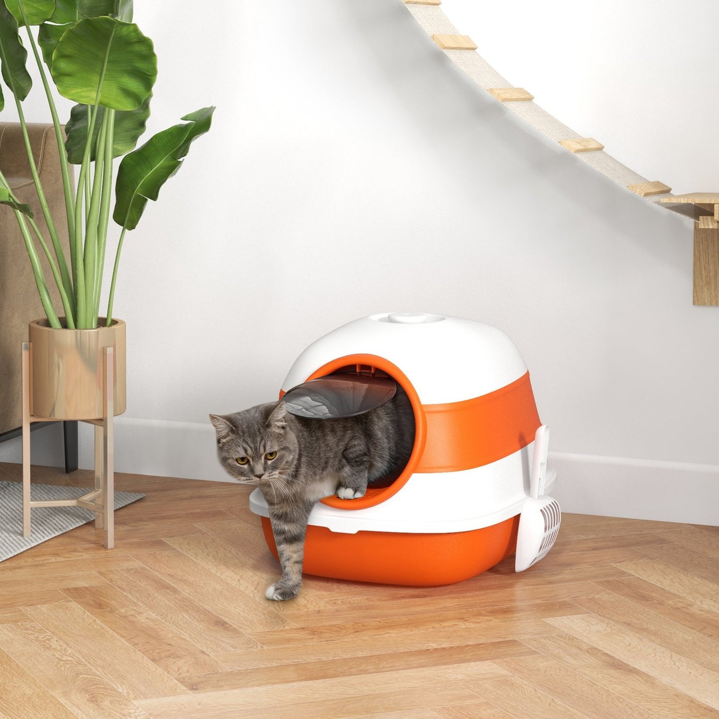 Covered cat litter box with odor remover and scoop