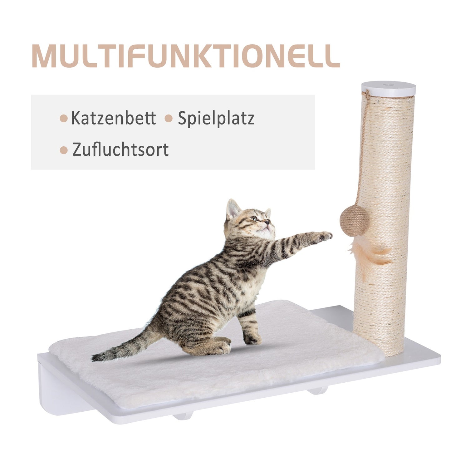 Cat seat with scratching post and toy, plush cushion, 53 cm