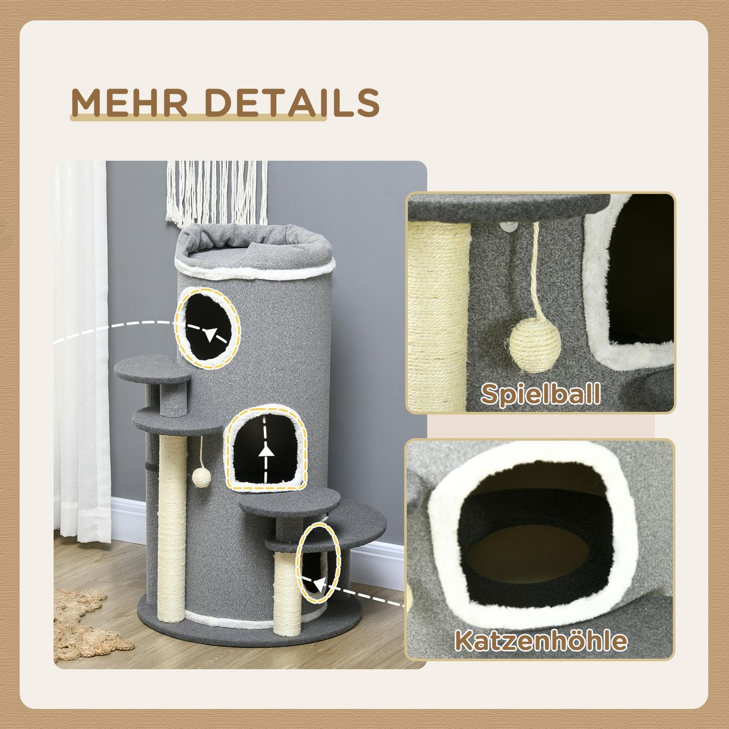 Cat Scratching Barrel with Bed & Platforms, 99 cm, Grey