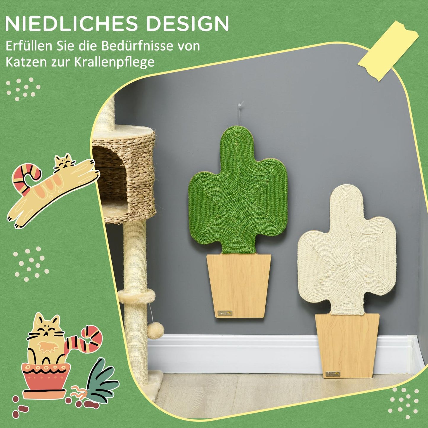 Cat Scratching Mat Set, Jute Rope, Cactus Design, 30x60 cm