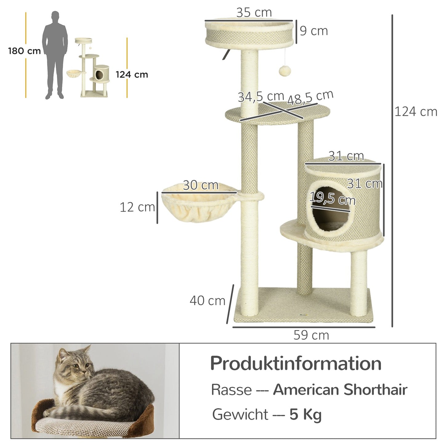 Cat scratching post with basket and ball, 124 cm - for cats up to 5 kg