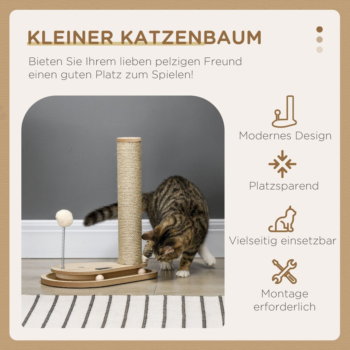 Cat scratching post with wooden ball toy, 40 cm, natural